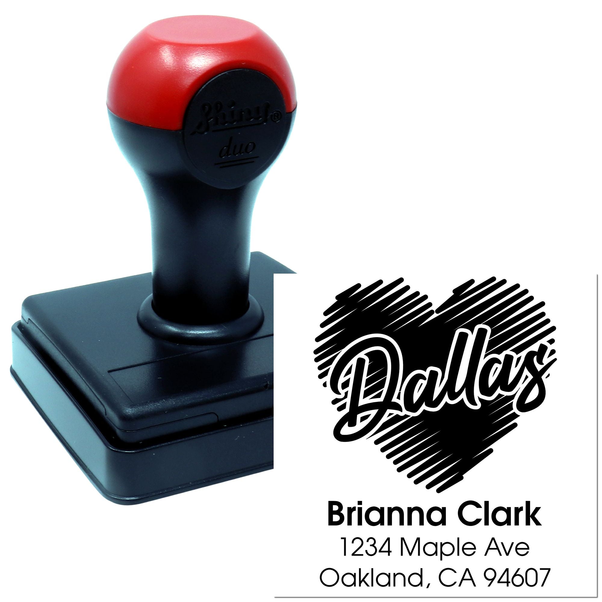 Custom self-inking rubber stamp with personalized name and address imprint for mailing and business use.
