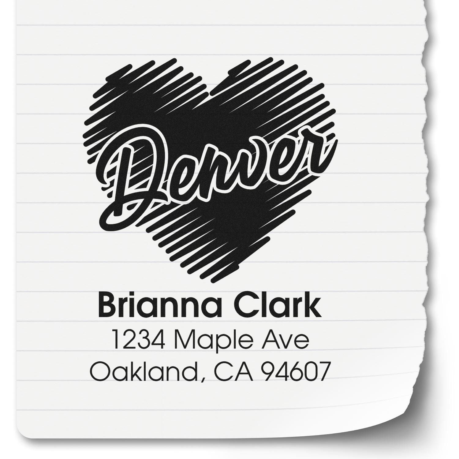 Custom heart return address rubber stamp for Brianna Clark, 1234 Maple Ave, Oakland, CA 94607