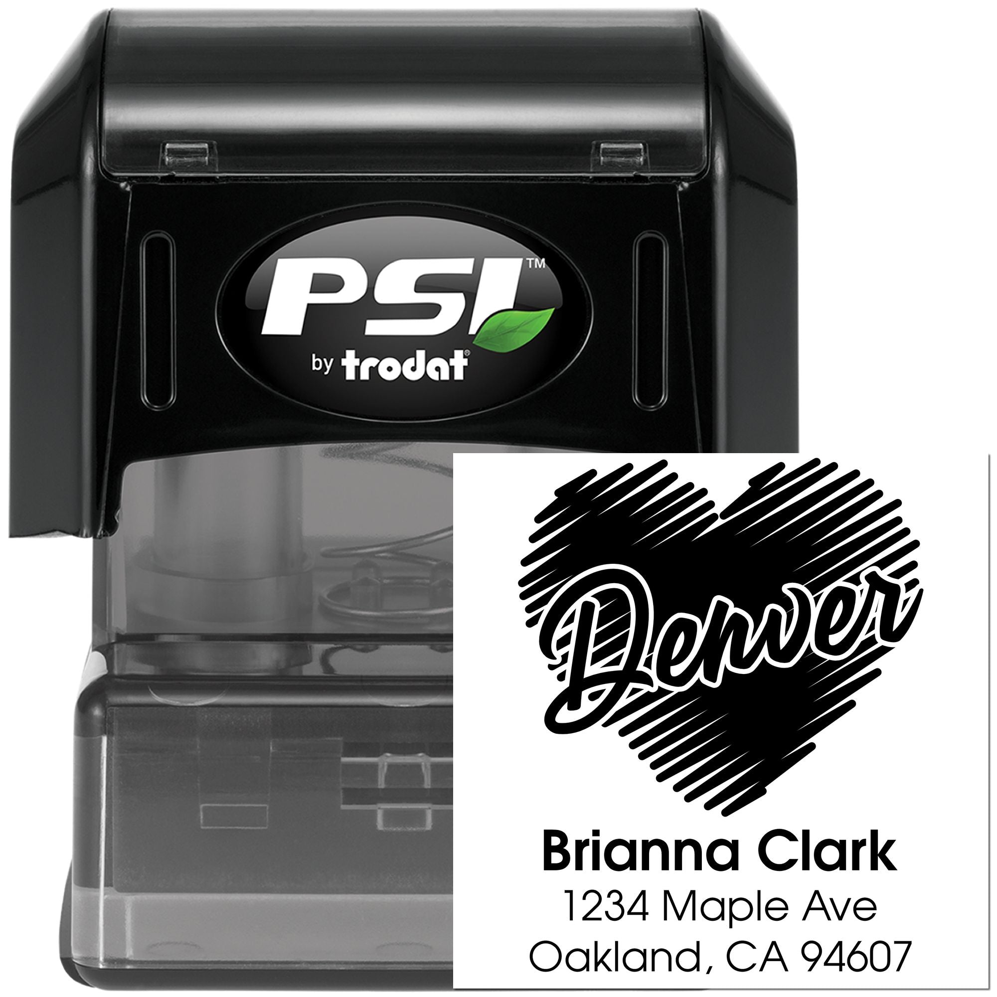 Custom self-inking rubber stamp by PSI Trodat showing a personalized return address imprint for mailing and business use.