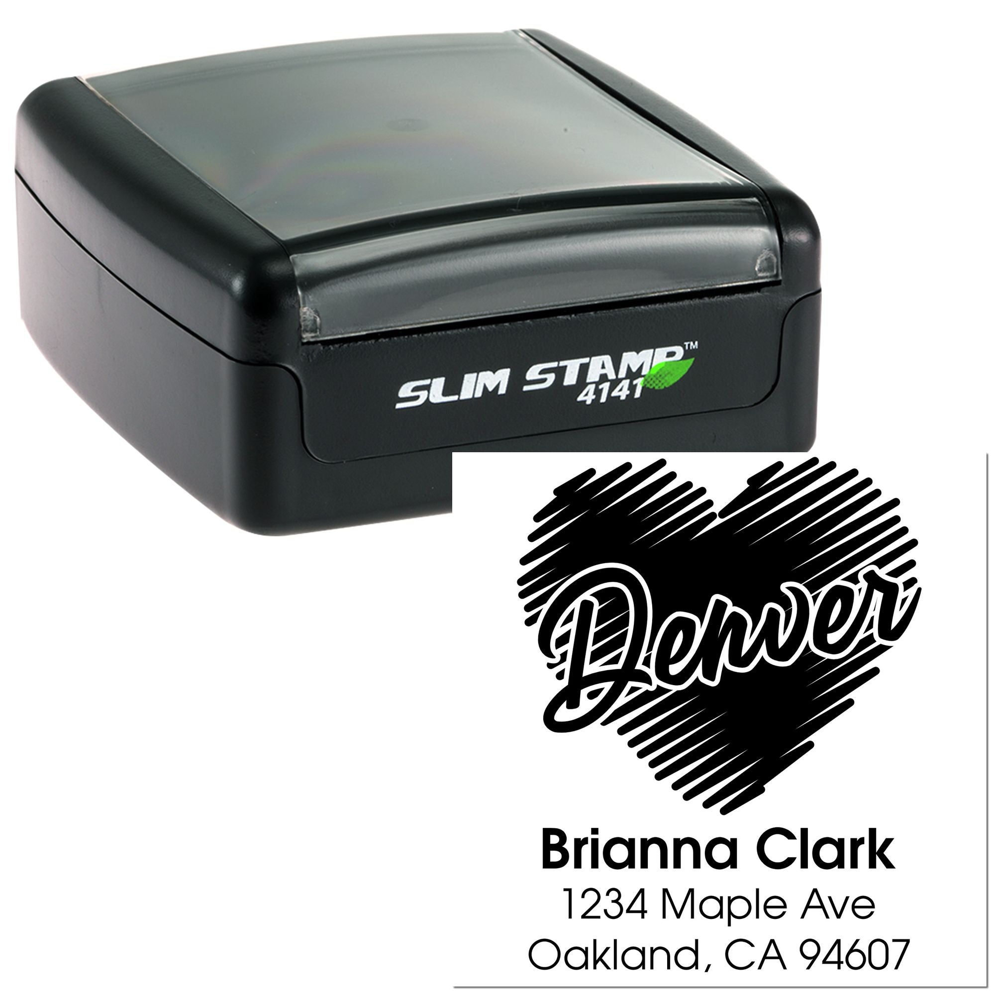 Personalized self-inking rubber stamp with Slim Stamp 4141 and custom return address imprint for Brianna Clark, Oakland, CA.