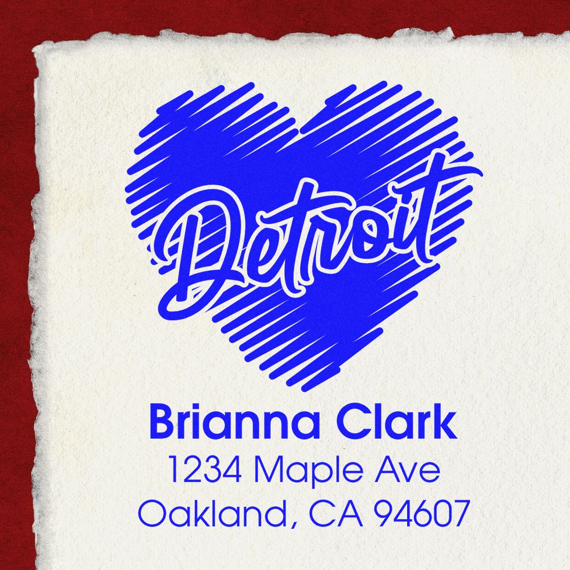 Custom Detroit heart address rubber stamp with Brianna Clarks name and Oakland, CA return address for personalized mailing.