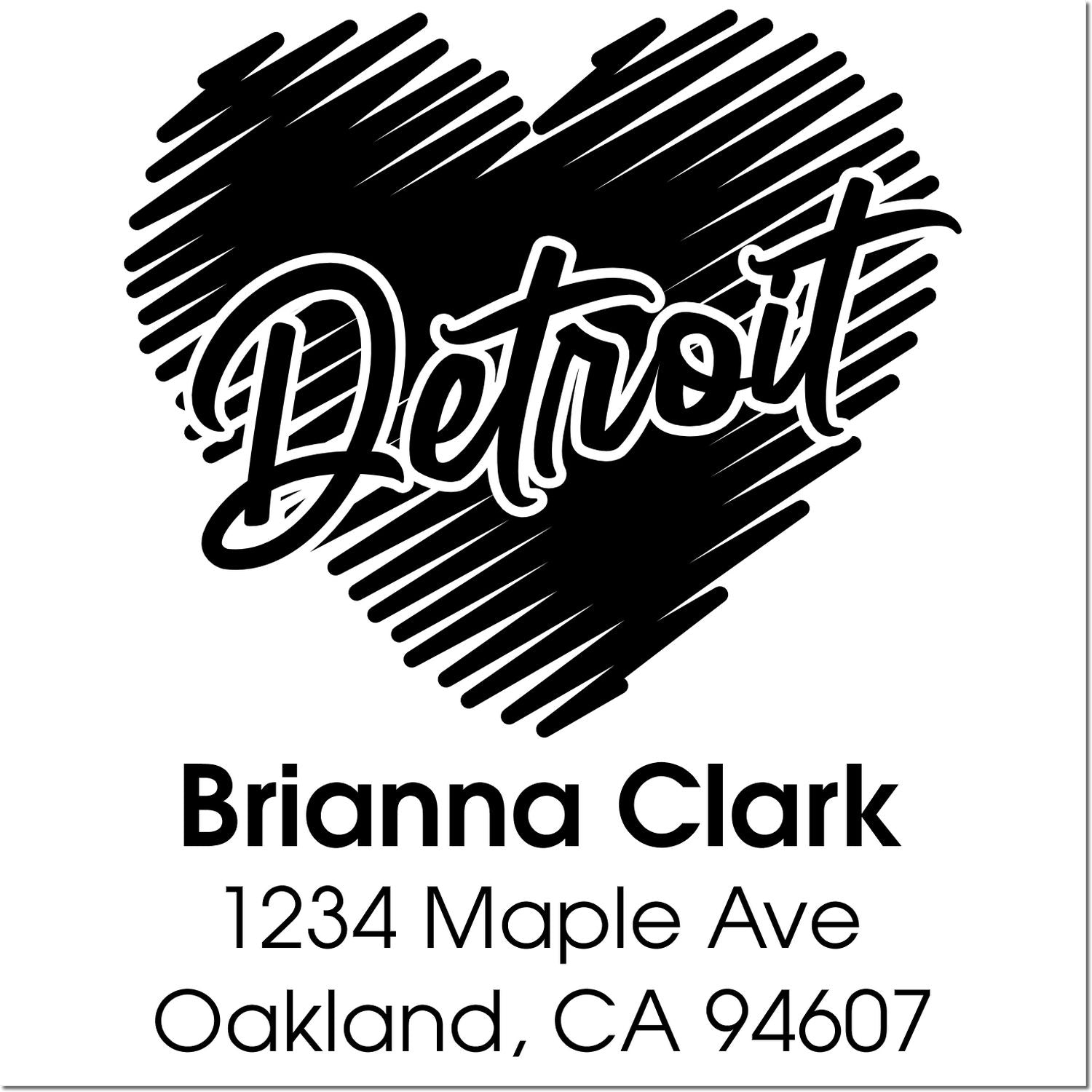 Custom Detroit heart return address rubber stamp for Brianna Clark, 1234 Maple Ave, Oakland, CA 94607