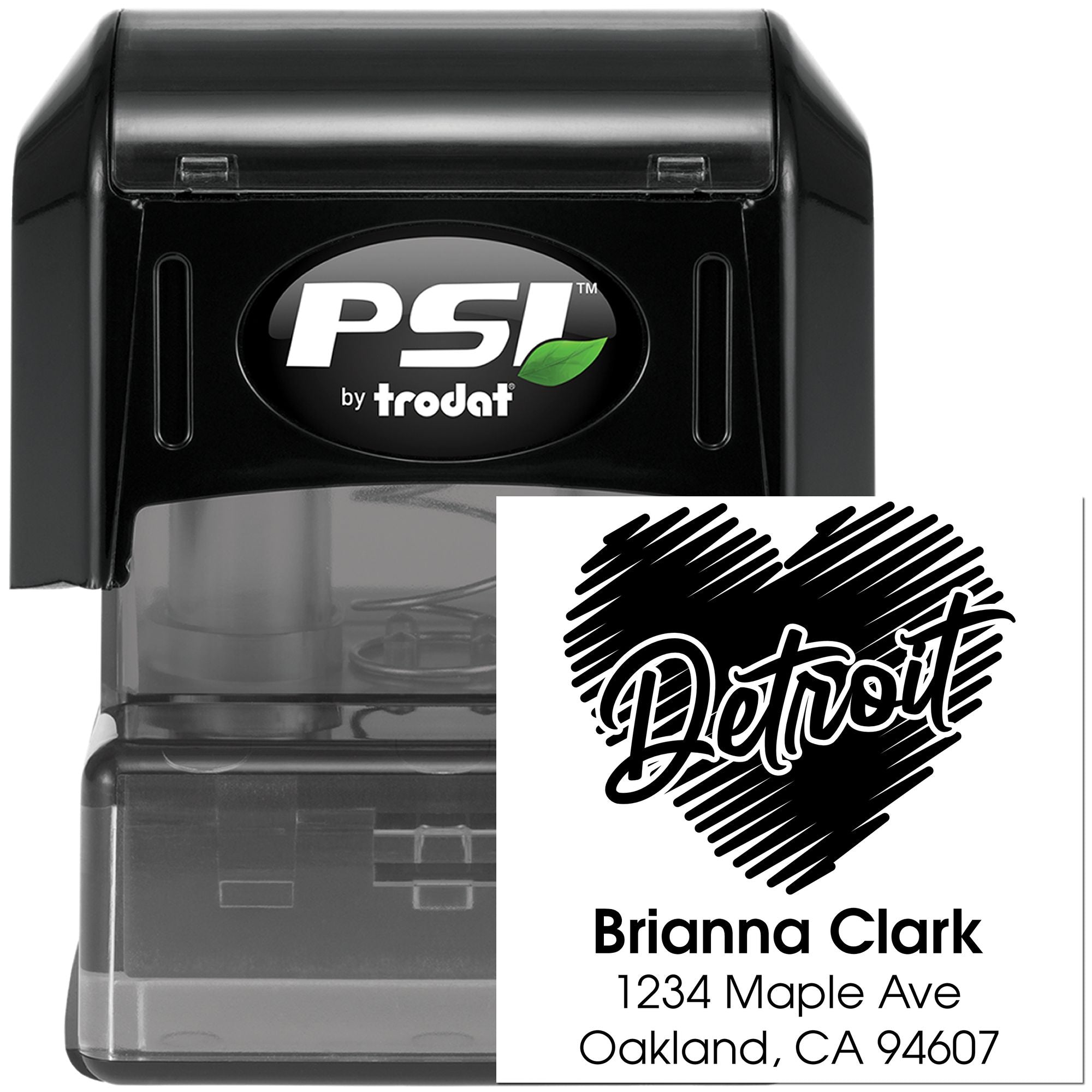 Custom self-inking rubber stamp by PSI Trodat with Detroit heart design and Brianna Clark return address.