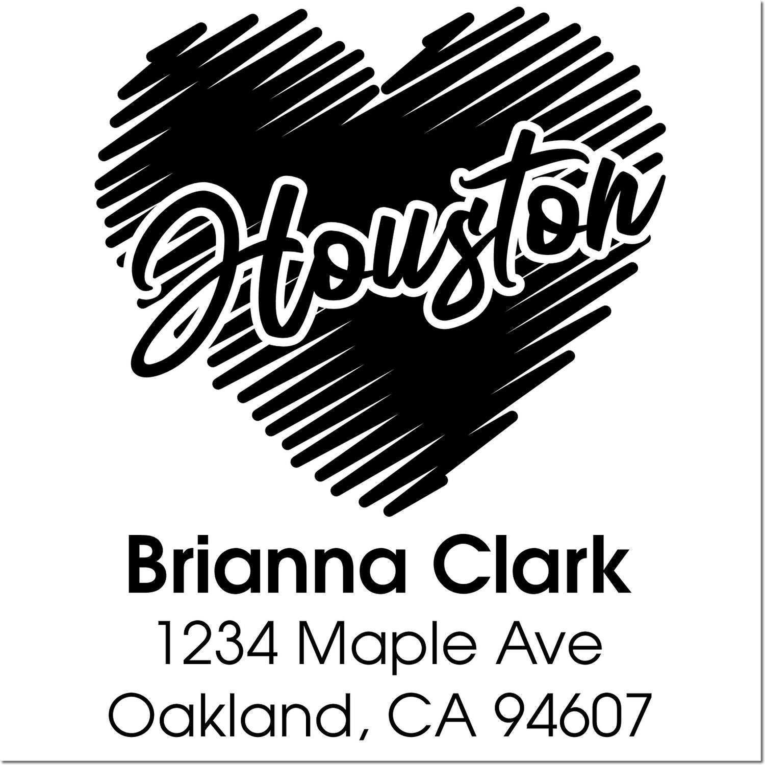 Custom address rubber stamp with heart design for Brianna Clark, 1234 Maple Ave, Oakland, CA 94607.
