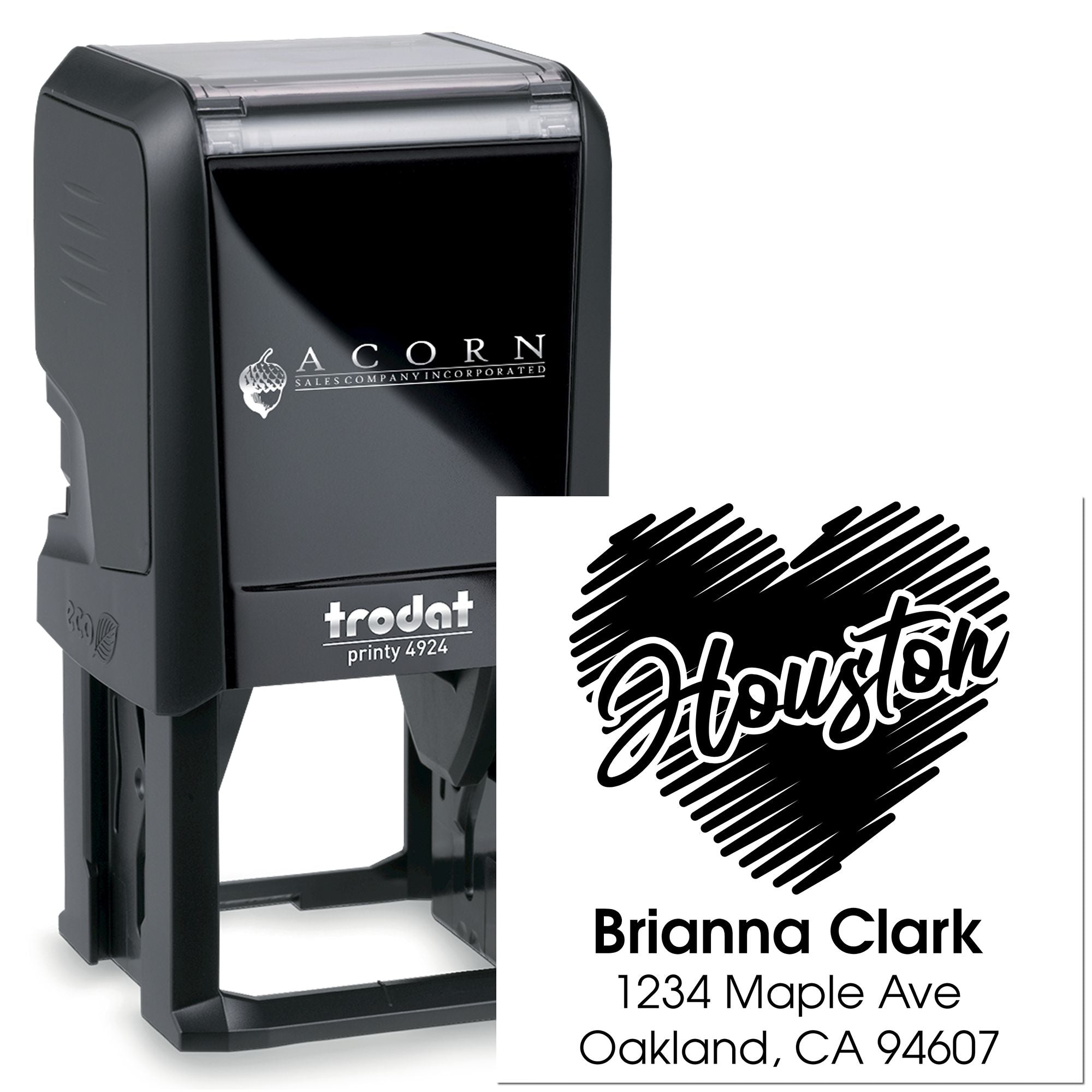 Custom self-inking rubber address stamp, Trodat Printy 4924, with Houston logo and Brianna Clark contact details.