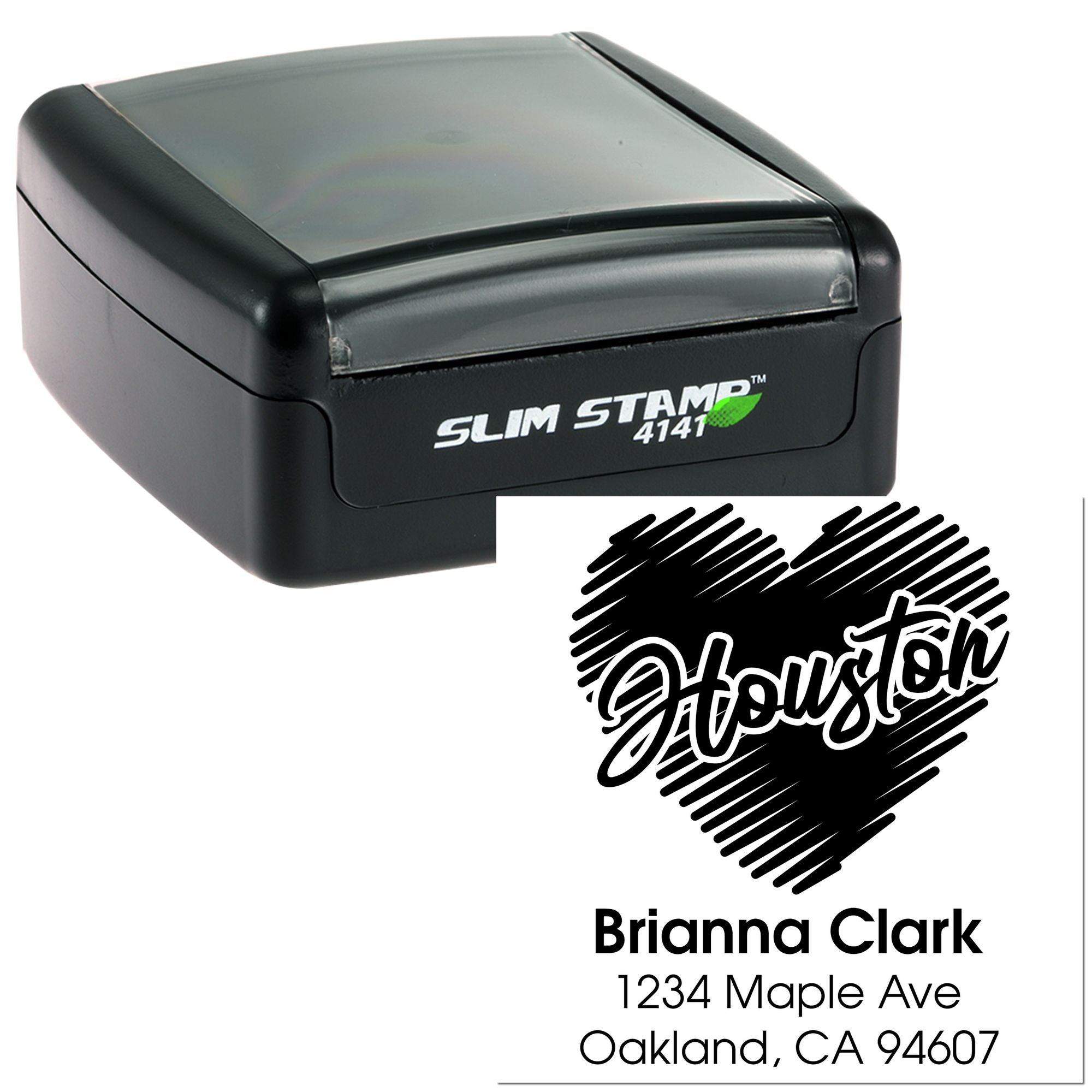 Custom Houston address rubber stamp with self-inking Slim Stamp case and personalized Brianna Clark imprint example