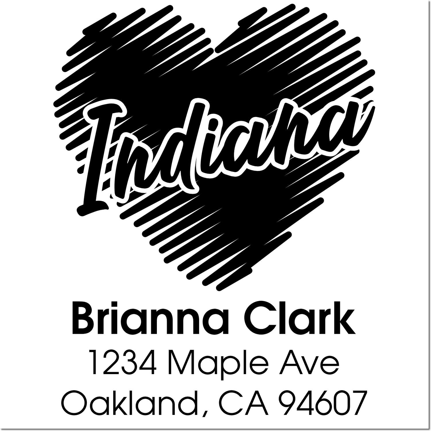 Custom Indiana rubber stamp with heart design, personalized return address stamp for Brianna Clark, Oakland, CA 94607.