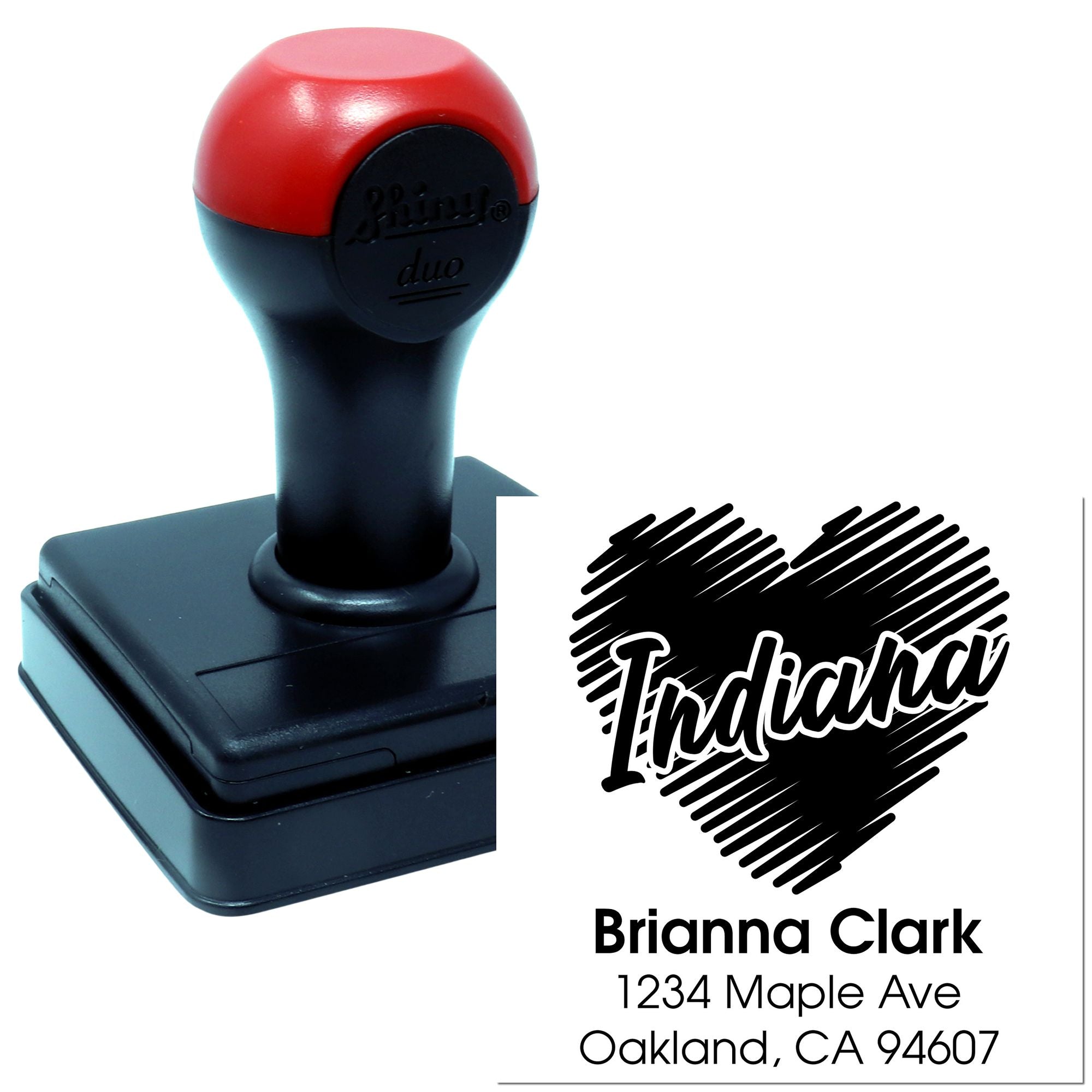 Custom self-inking rubber address stamp with Indiana design, personalized name and return address for mailing envelopes.
