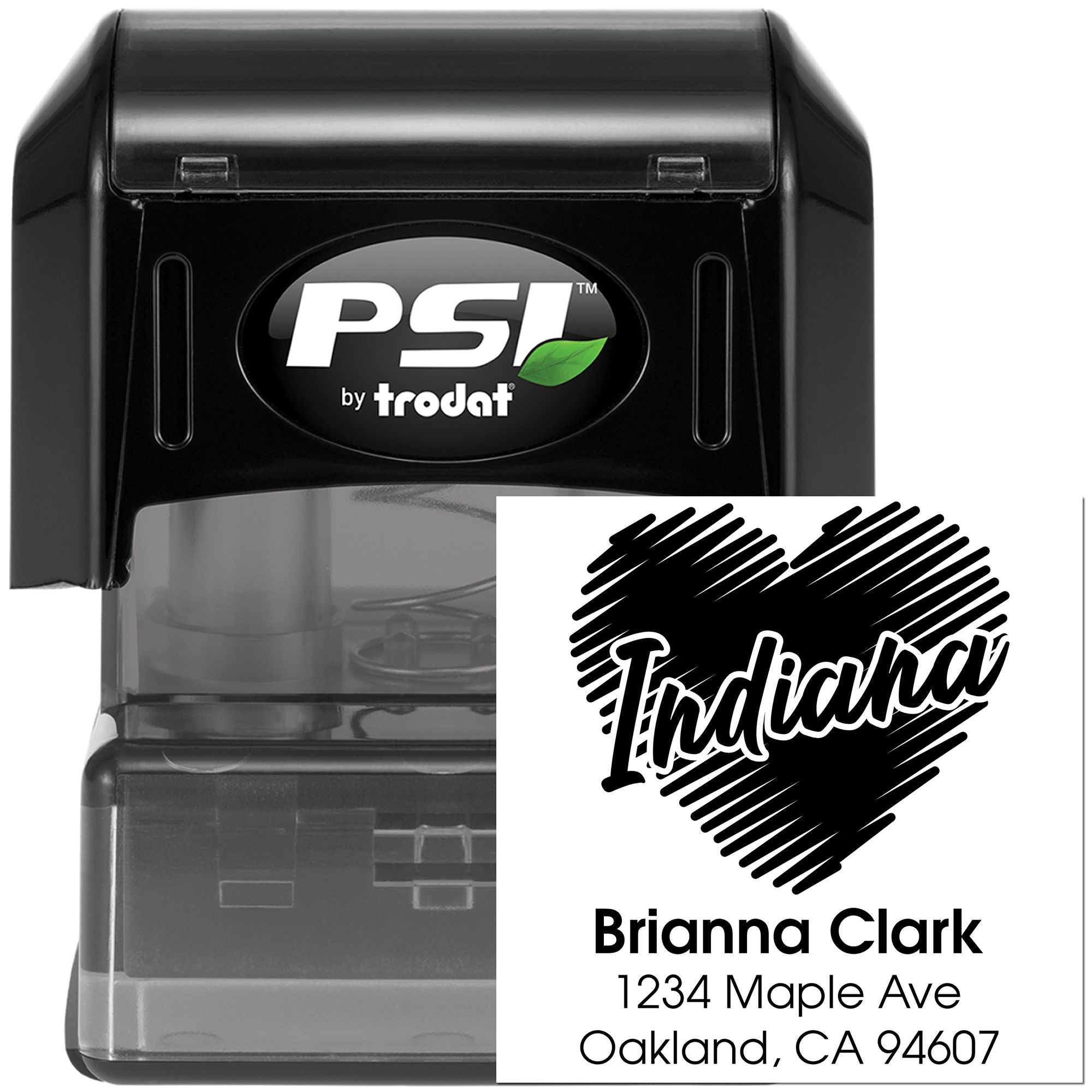 Custom self-inking address rubber stamp with Brianna Clark name and Indiana heart design, PSI by Trodat.