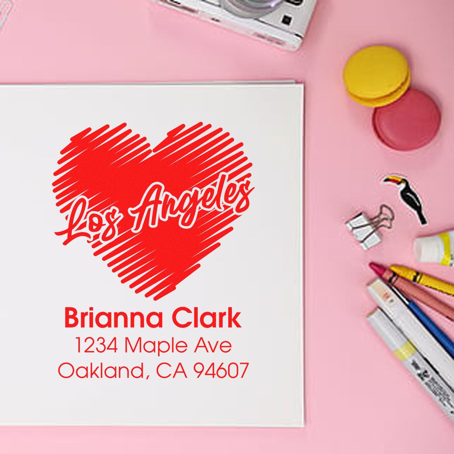 Custom Los Angeles heart rubber address stamp for Brianna Clark with name and mailing address.