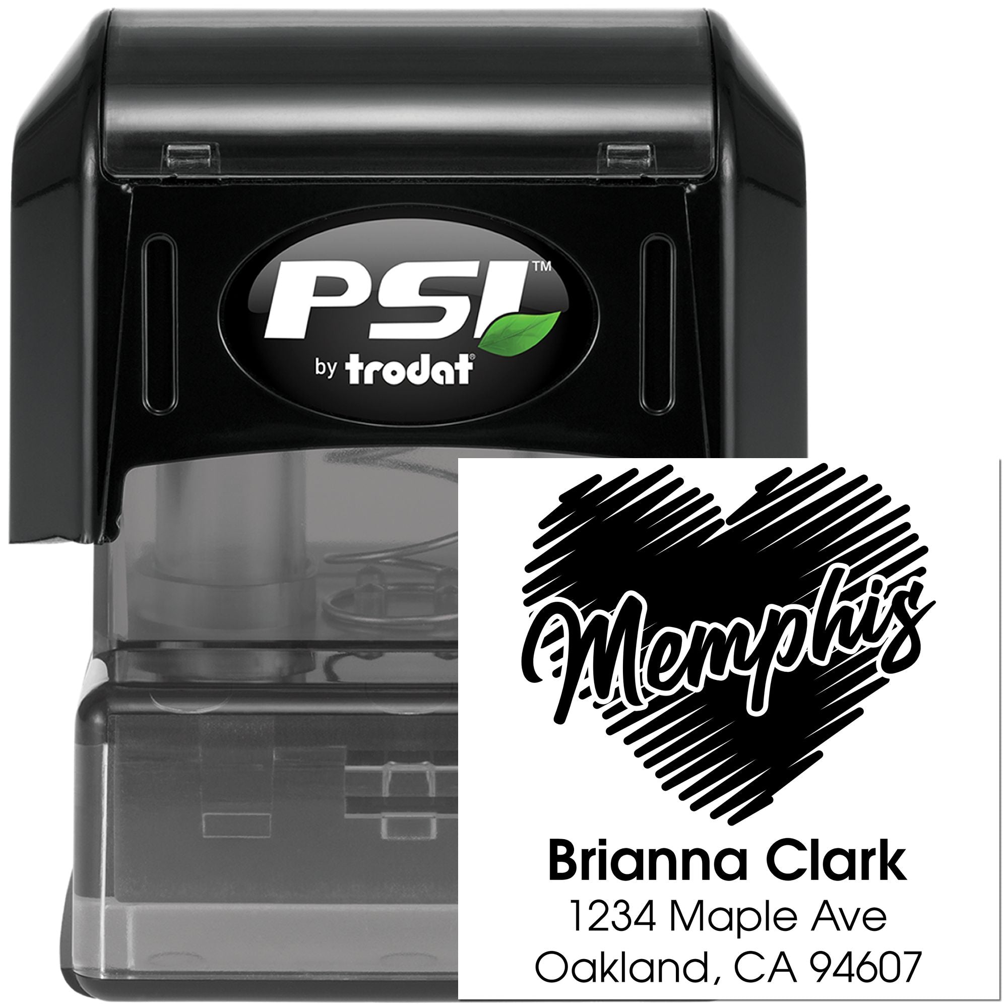 Custom self-inking address rubber stamp by PSI Trodat, featuring Memphis heart design and Brianna Clark address.
