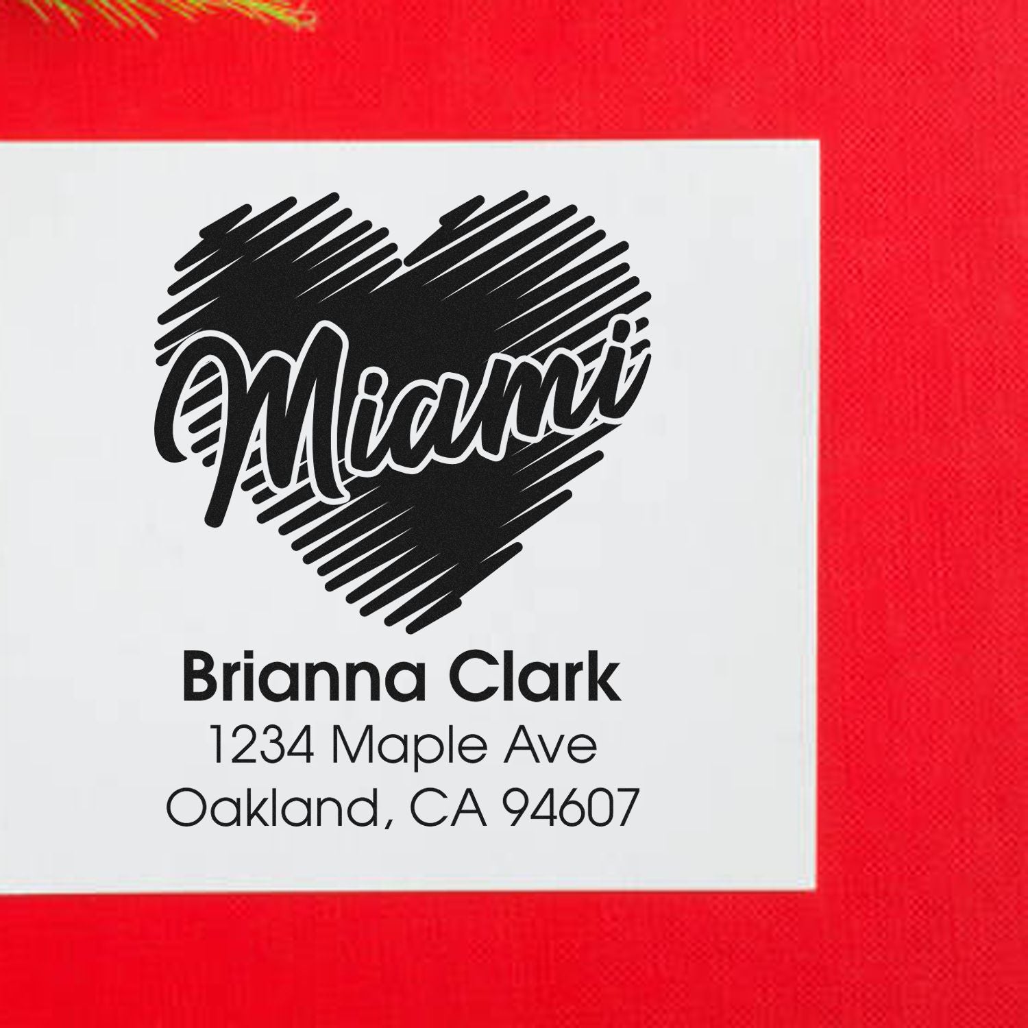 Custom Miami heart return address rubber stamp for Brianna Clark with Oakland, CA address.