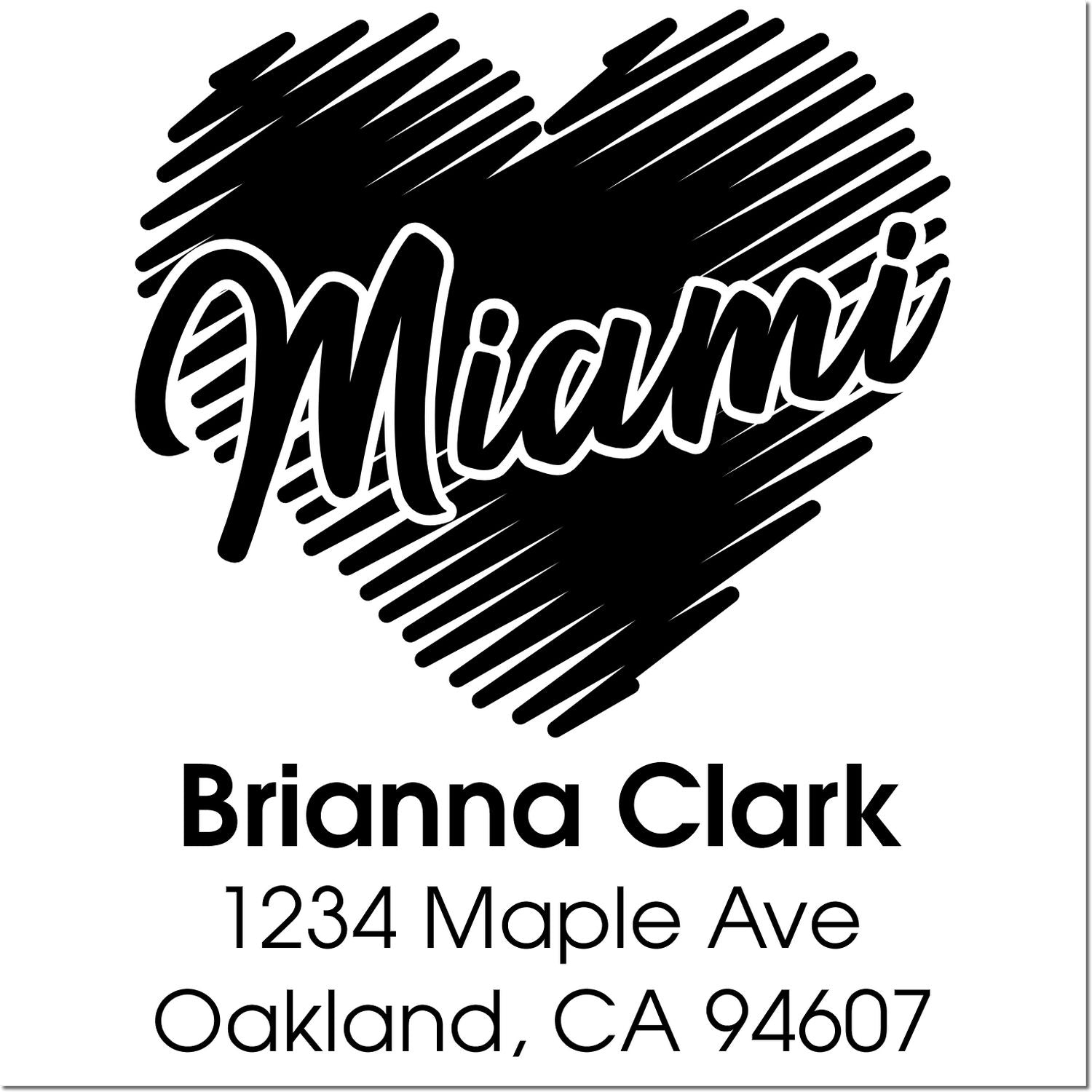 Personalized Miami heart return address rubber stamp for Brianna Clark, 1234 Maple Ave, Oakland, CA 94607