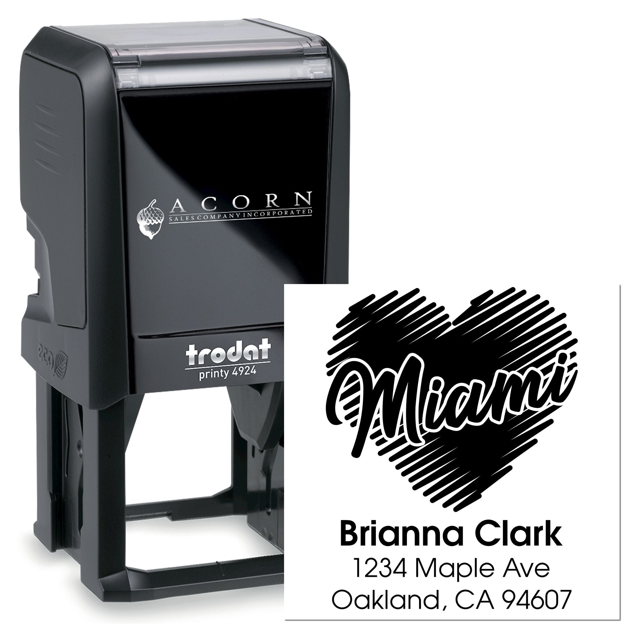 Custom self-inking rubber address stamp with Miami design for Brianna Clark, ideal for mailing and packaging.