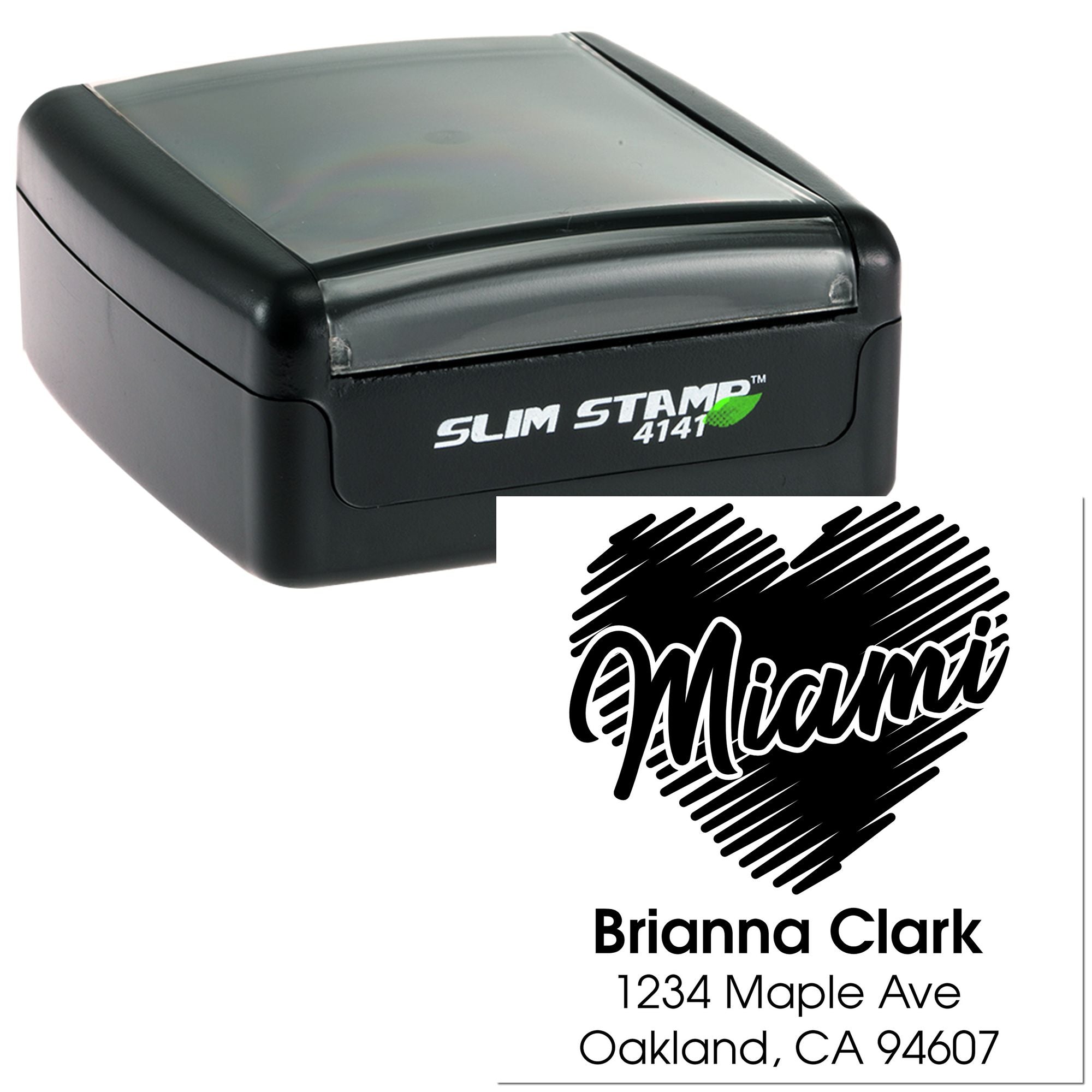 Custom self-inking Slim Stamp rubber address stamp with Brianna Clark name and Oakland, CA return address design.