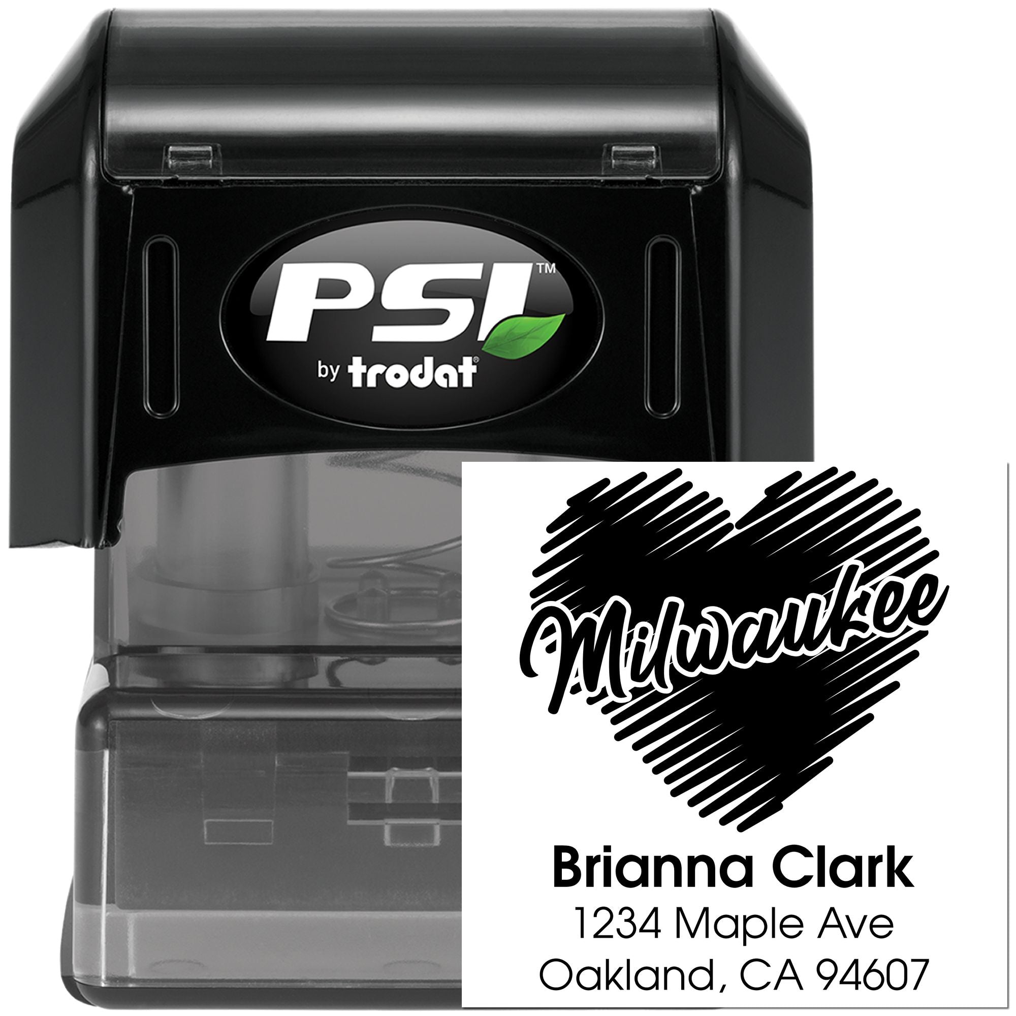 Custom Milwaukee address rubber stamp by PSI by Trodat, self-inking stamp for Brianna Clark with name and address