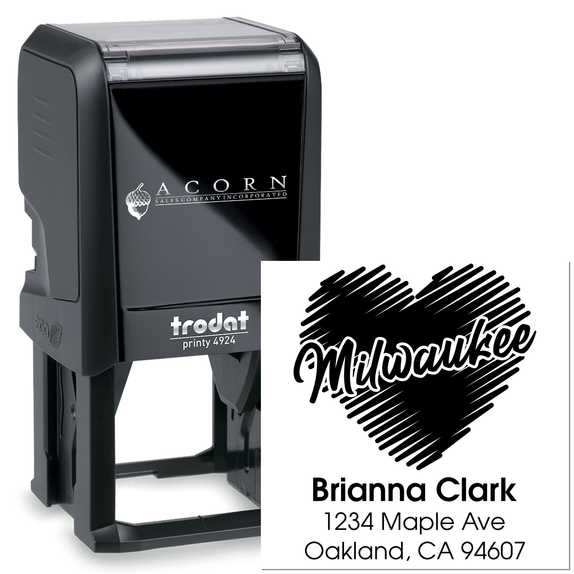 Custom self-inking rubber address stamp with name and logo design for business mailing, branding, and paperwork.