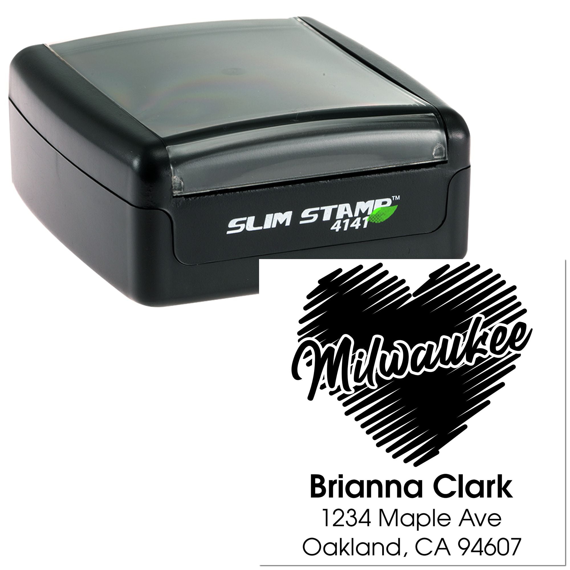 Personalized self-inking custom address rubber stamp with name and Oakland, CA return address for mailing envelopes.