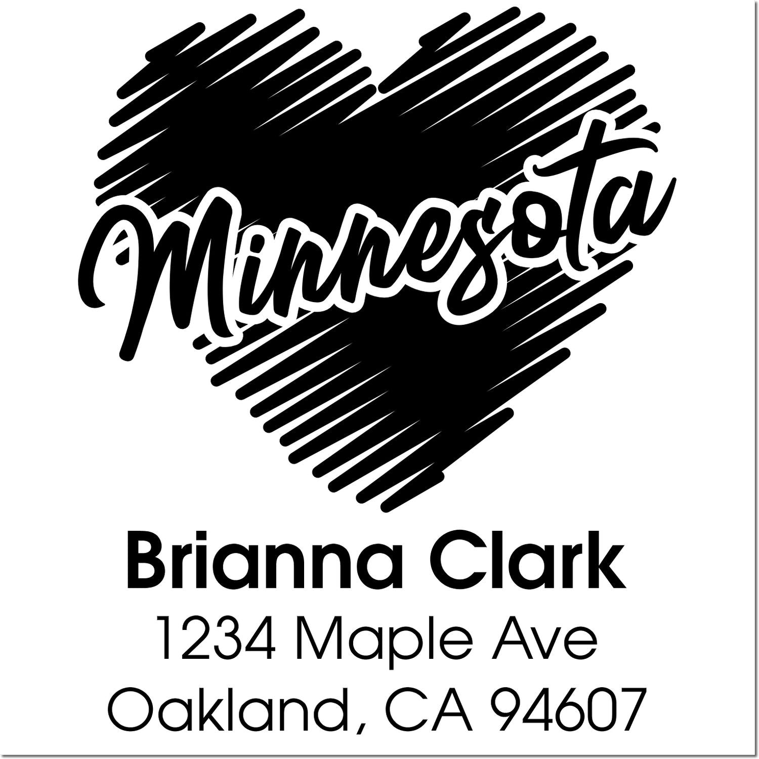 Custom Minnesota return address rubber stamp with heart graphic for Brianna Clark, 1234 Maple Ave, Oakland, CA 94607
