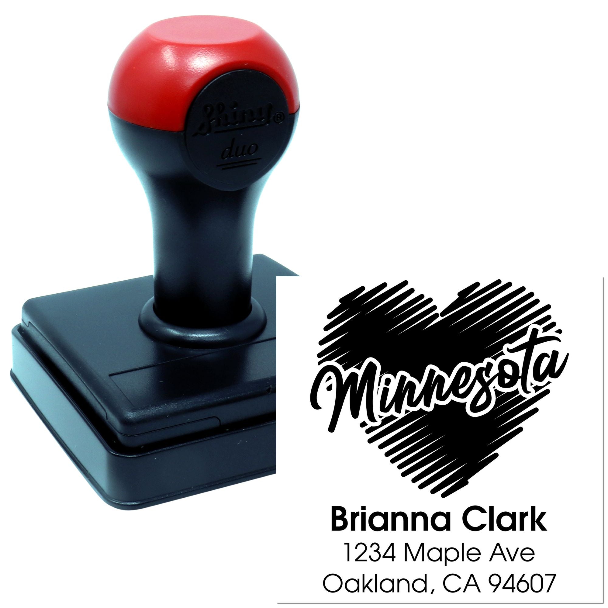 Custom self-inking rubber address stamp with Minnesota heart design for Brianna Clark, Oakland, CA return address.