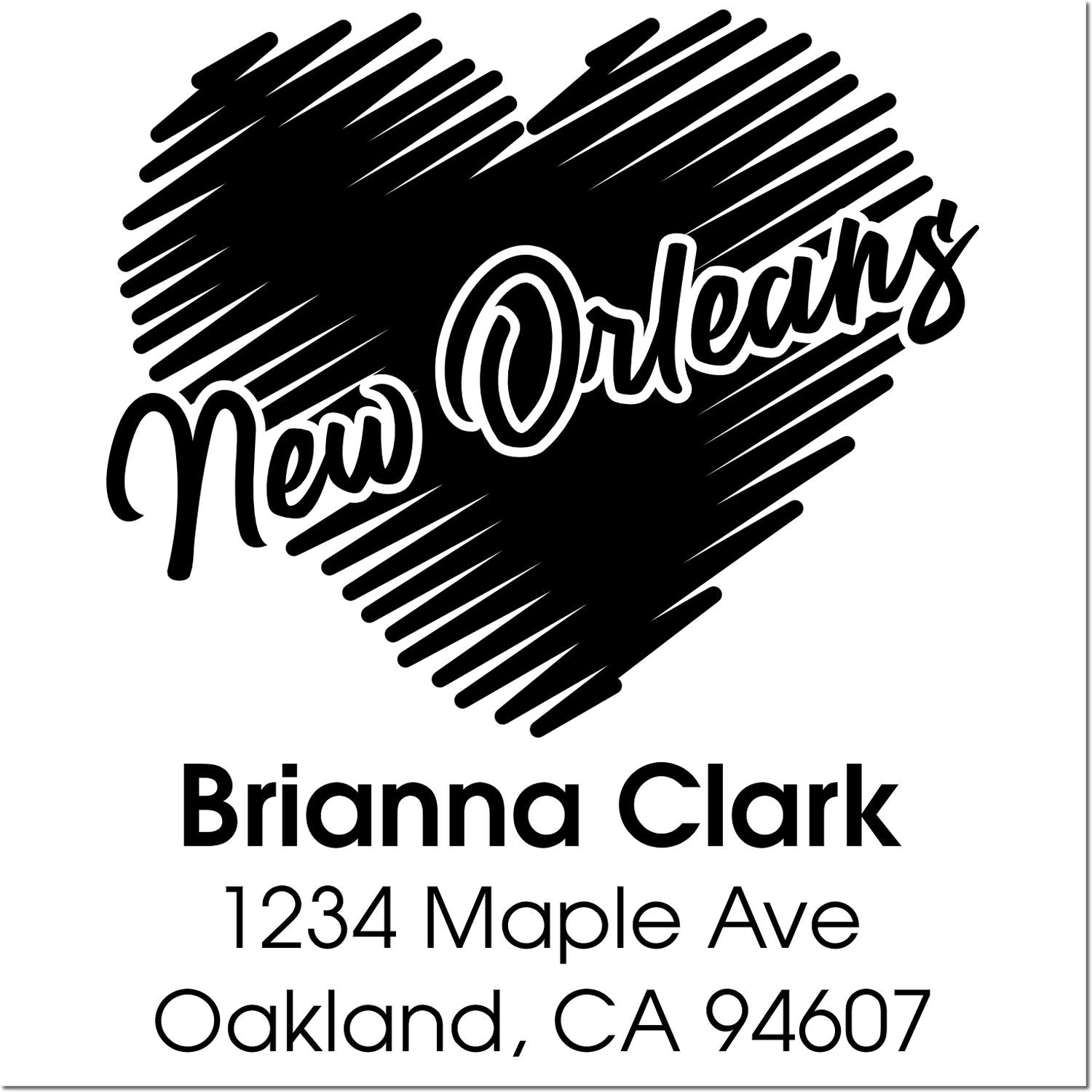 Personalized New Orleans return address rubber stamp for Brianna Clark, 1234 Maple Ave, Oakland, CA 94607.