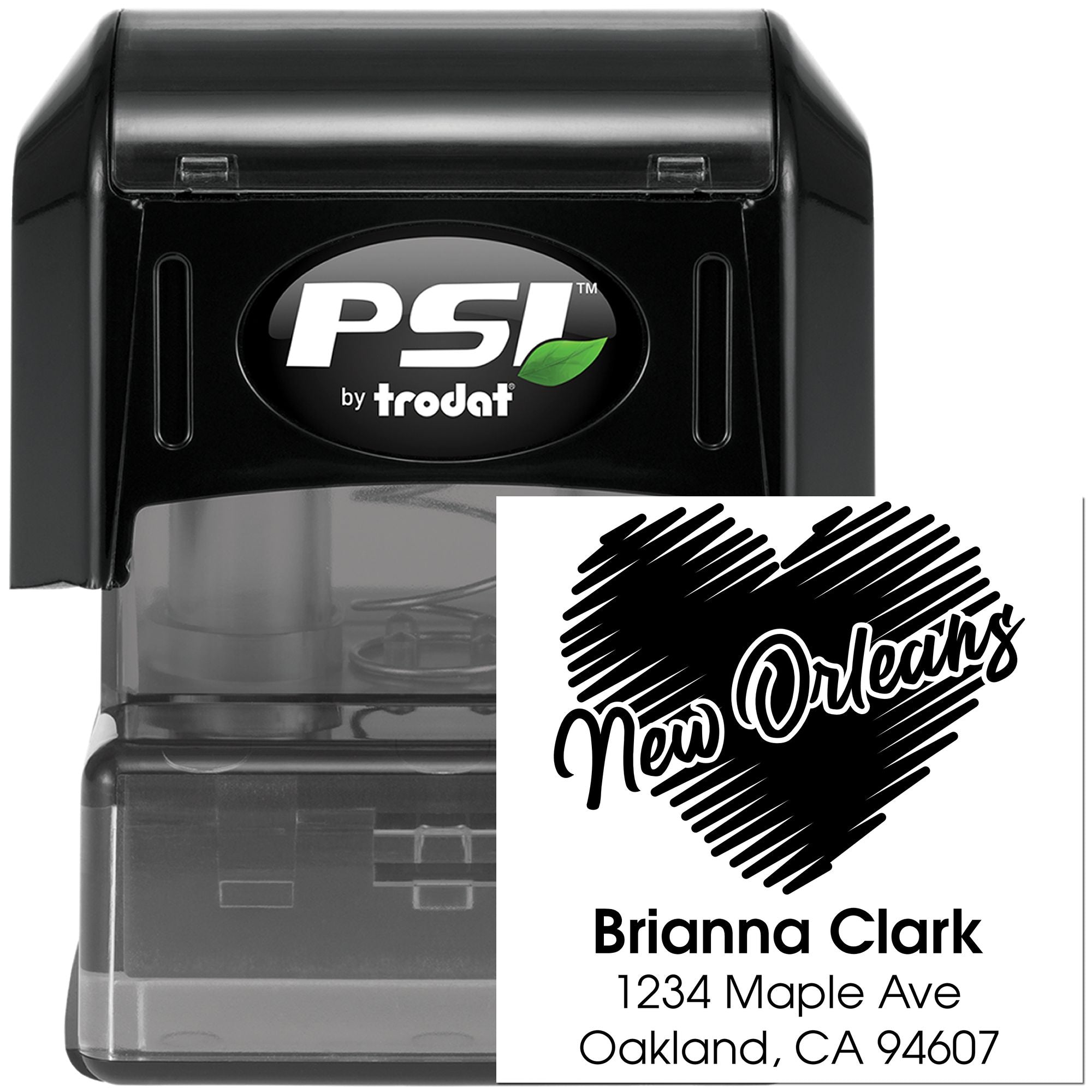 Self-inking rubber address stamp by PSI Trodat featuring a custom New Orleans heart design with name and address imprint.