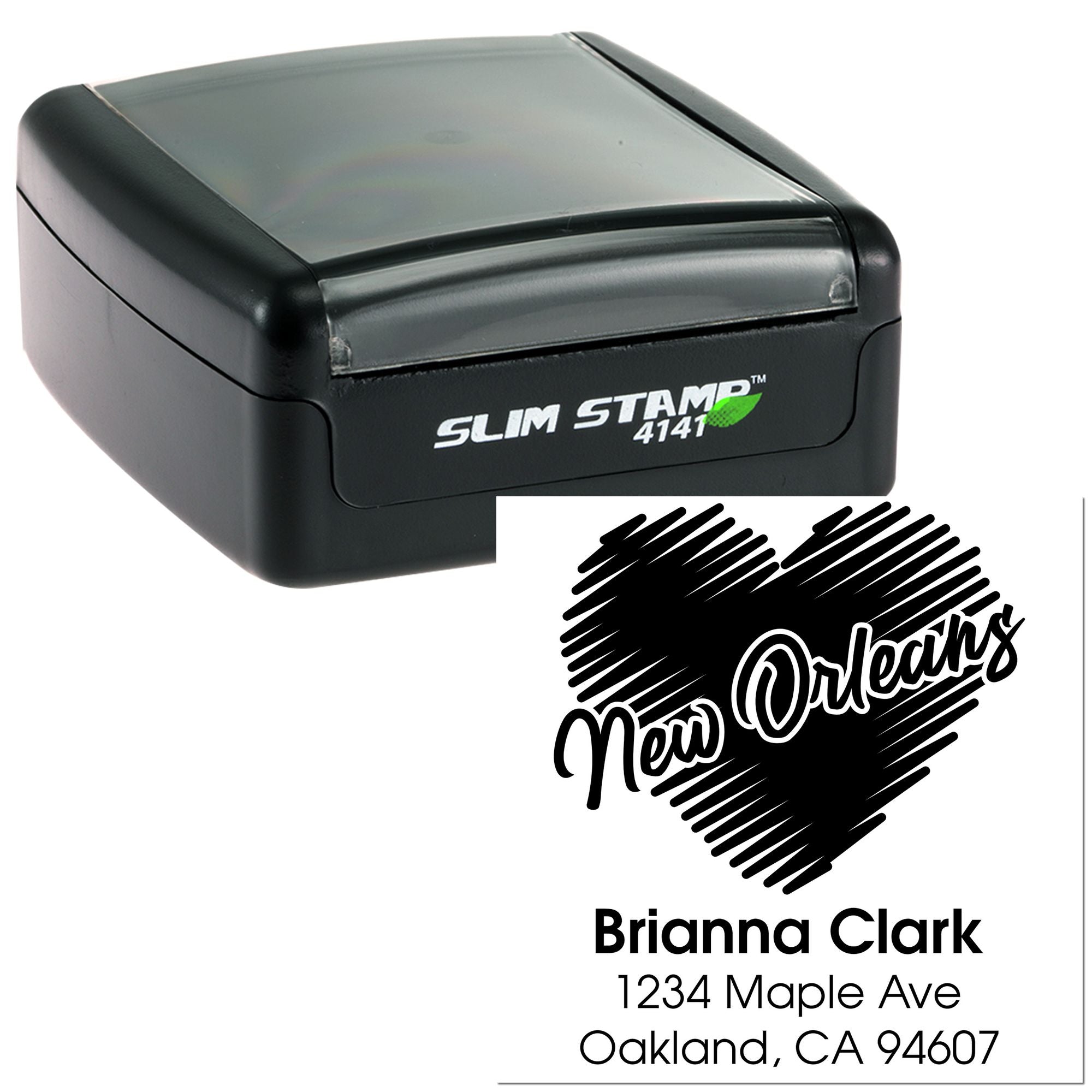 Custom self-inking rubber stamp with New Orleans heart design and Brianna Clark return address, Oakland, CA.