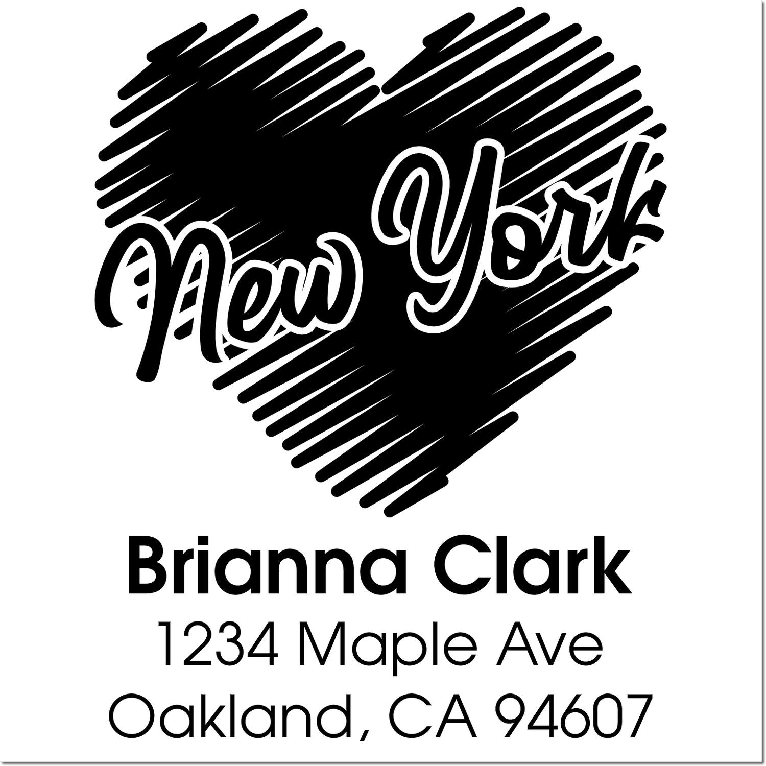 Custom heart-shaped New York return address rubber stamp for Brianna Clark, Oakland, CA 94607