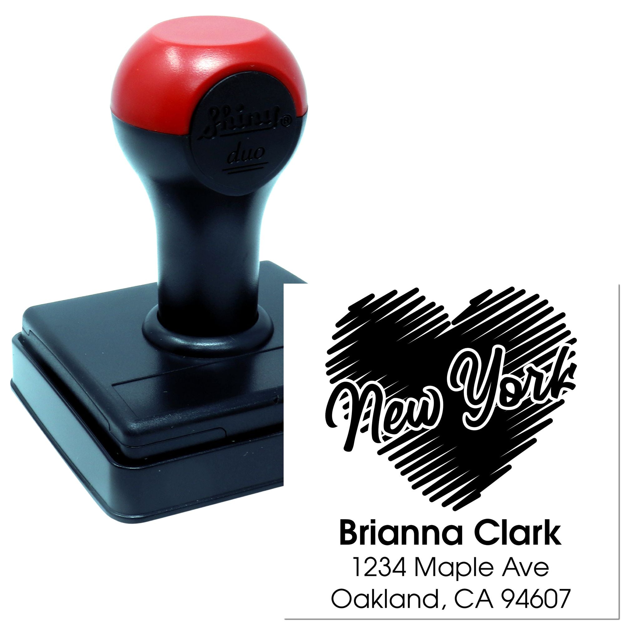 Custom self-inking rubber address stamp with New York design, personalized Brianna Clark name, and Oakland, CA return address.