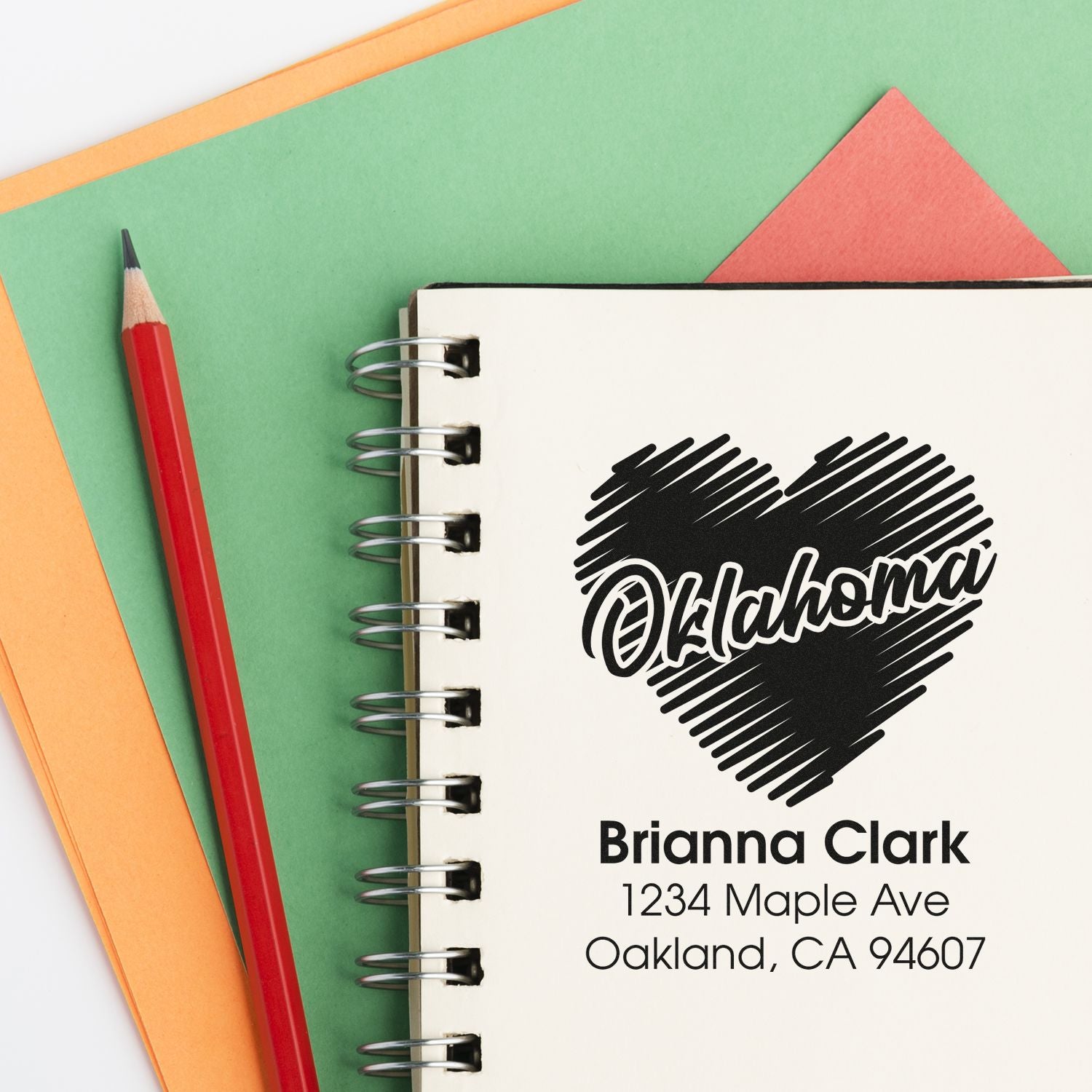 Custom Oklahoma heart address rubber stamp on spiral notebook for personalized stationery