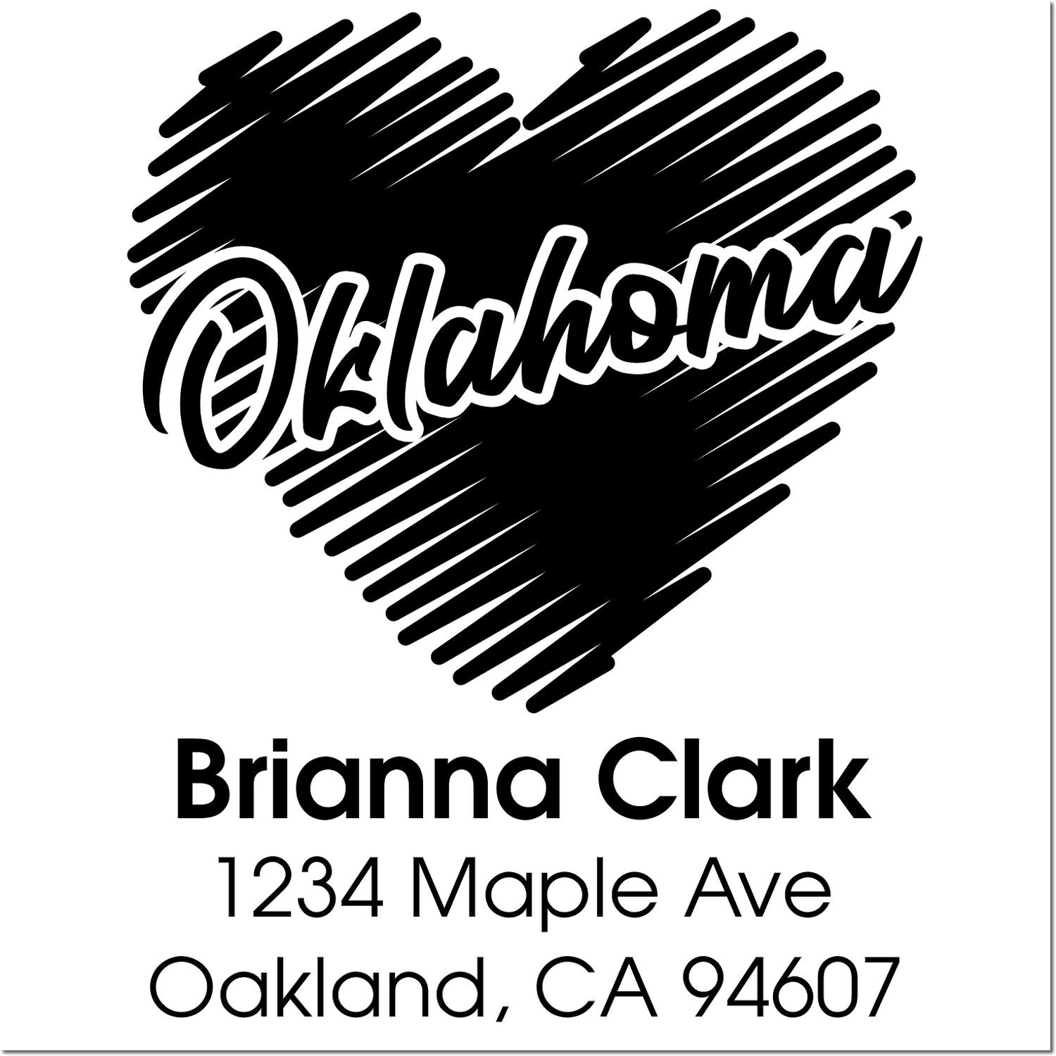 Personalized rubber stamp design with Oklahoma script, heart graphic, and Brianna Clarks Oakland, CA return address.