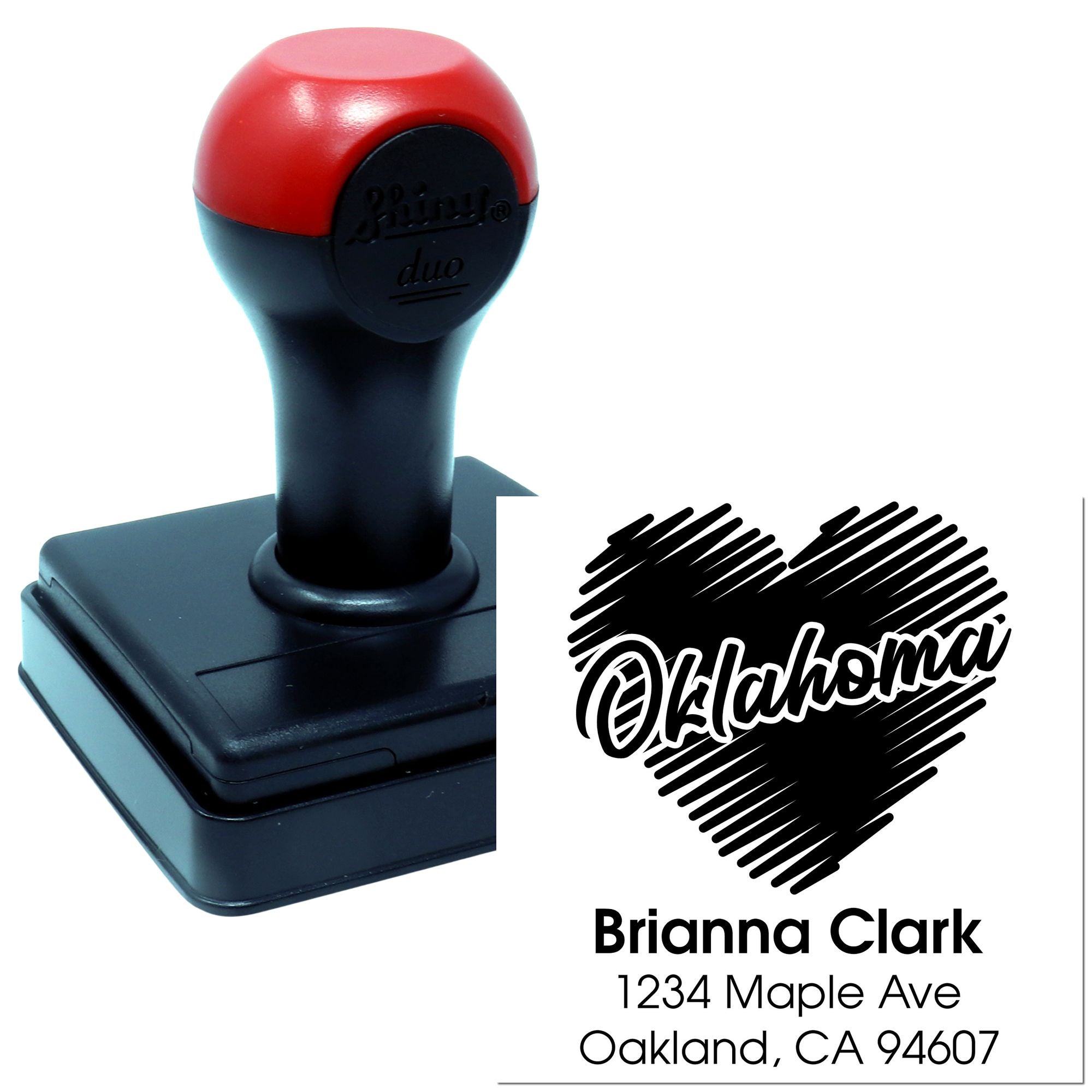 Custom self-inking rubber stamp for Oklahoma address labels with personalized name, street address, and heart design.