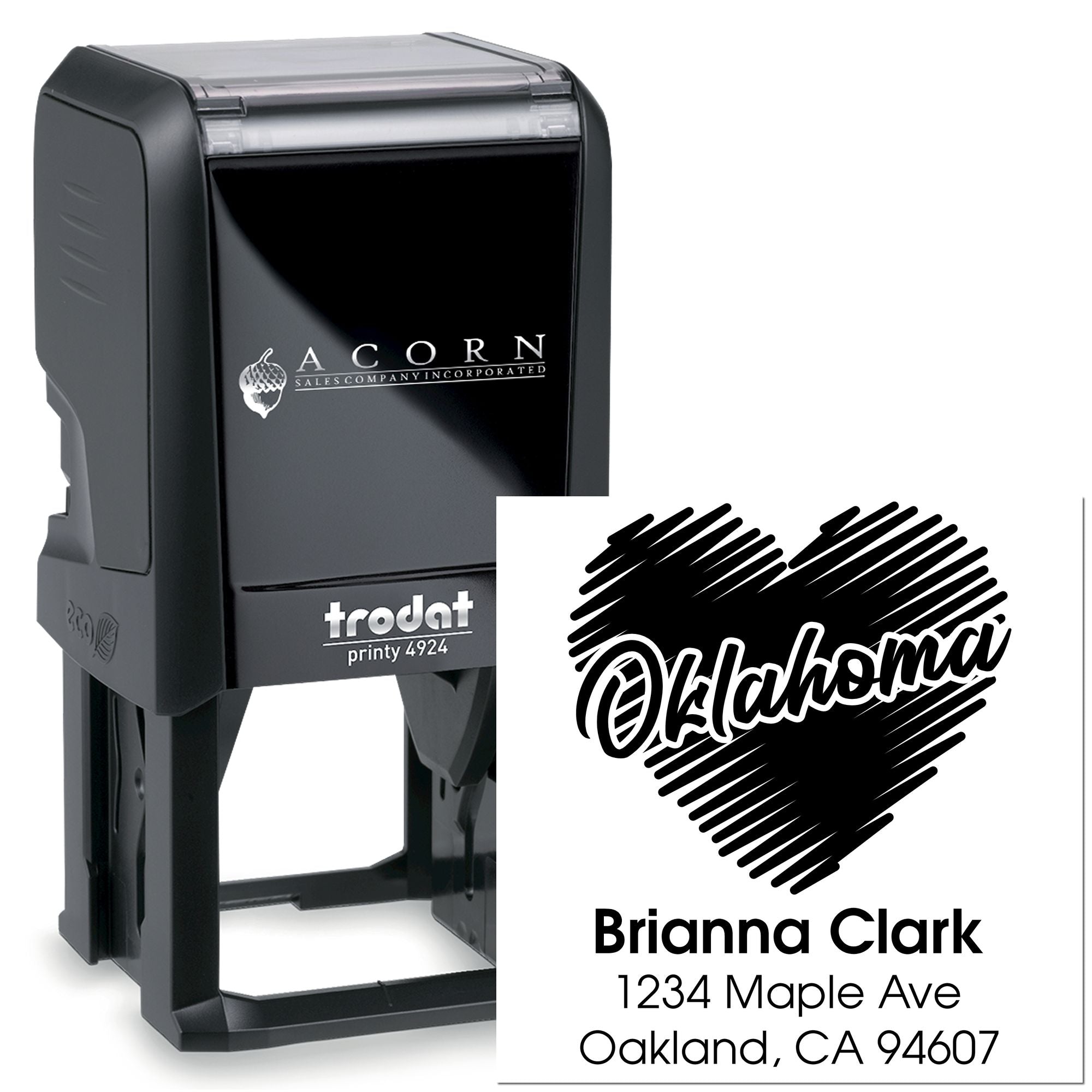 Custom self-inking rubber address stamp with Oklahoma heart design, featuring Brianna Clark name and address.