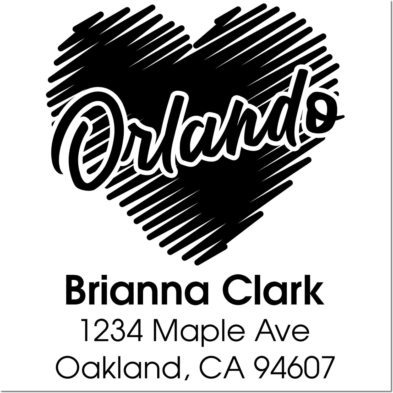 Custom address rubber stamp with Orlando heart design for Brianna Clark, 1234 Maple Ave, Oakland, CA 94607.
