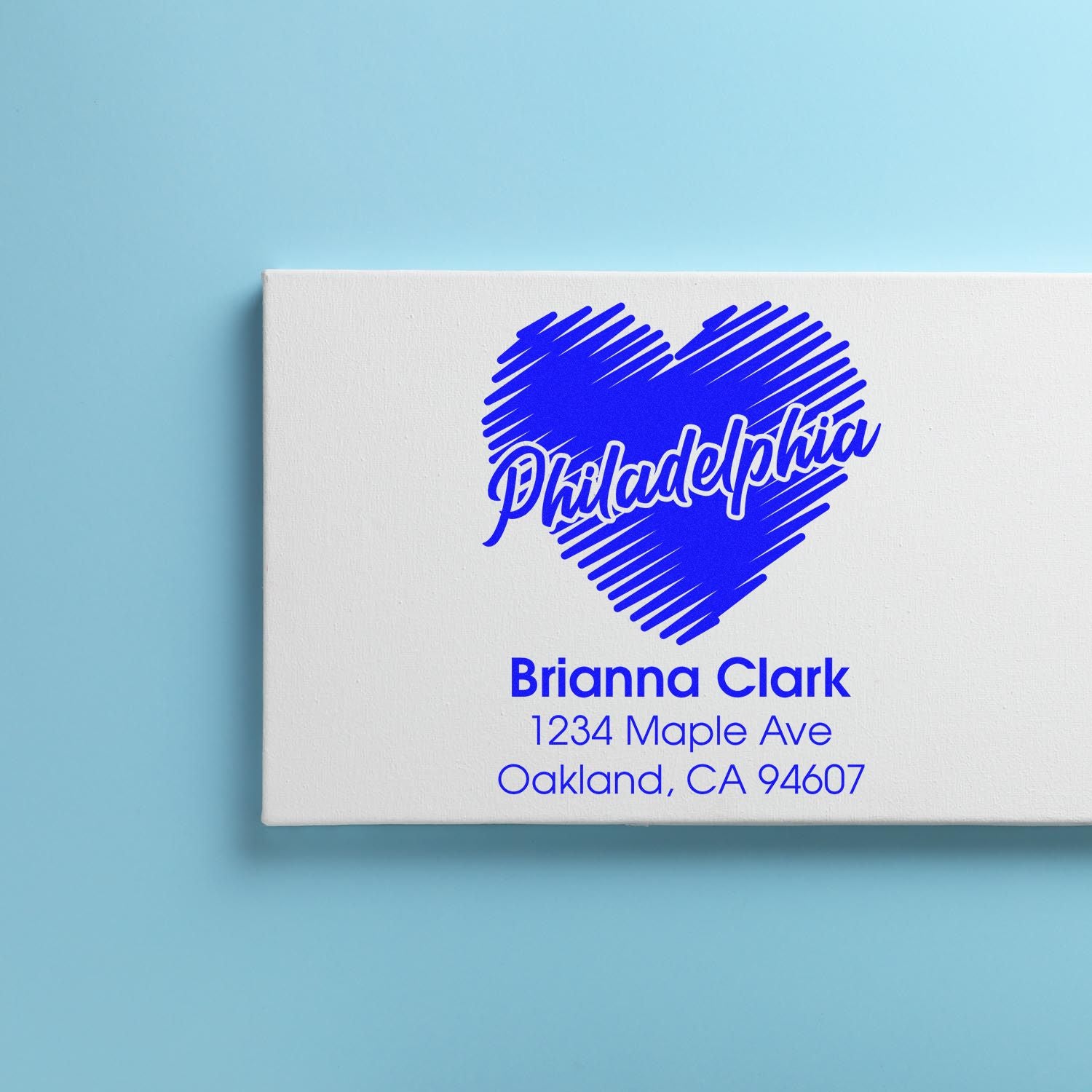 Custom Philadelphia heart return address rubber stamp for Brianna Clark with Oakland, CA address.