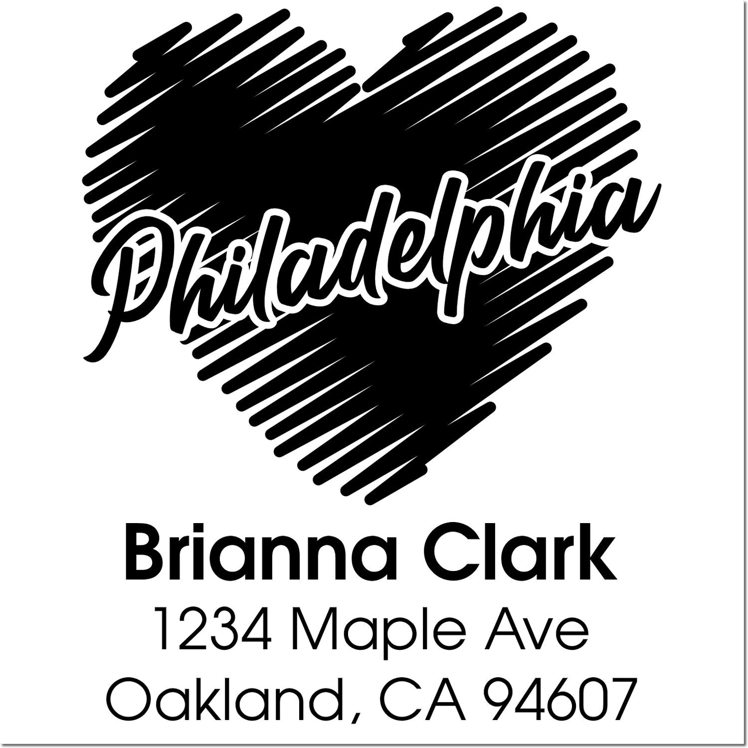 Custom return address rubber stamp with heart design for Brianna Clark, Oakland, CA 94607.