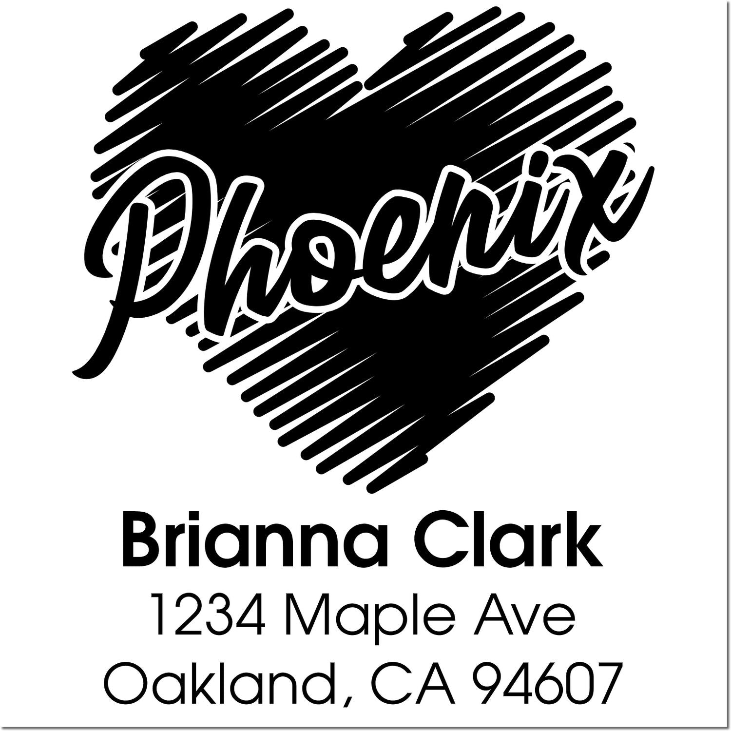 Personalized address rubber stamp with heart logo, Brianna Clark name, and Oakland, CA 94607 return address.
