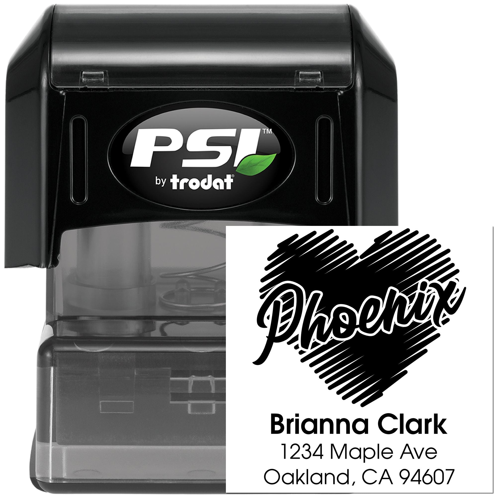 Custom self-inking rubber address stamp by PSI Trodat with personalized name and address imprint