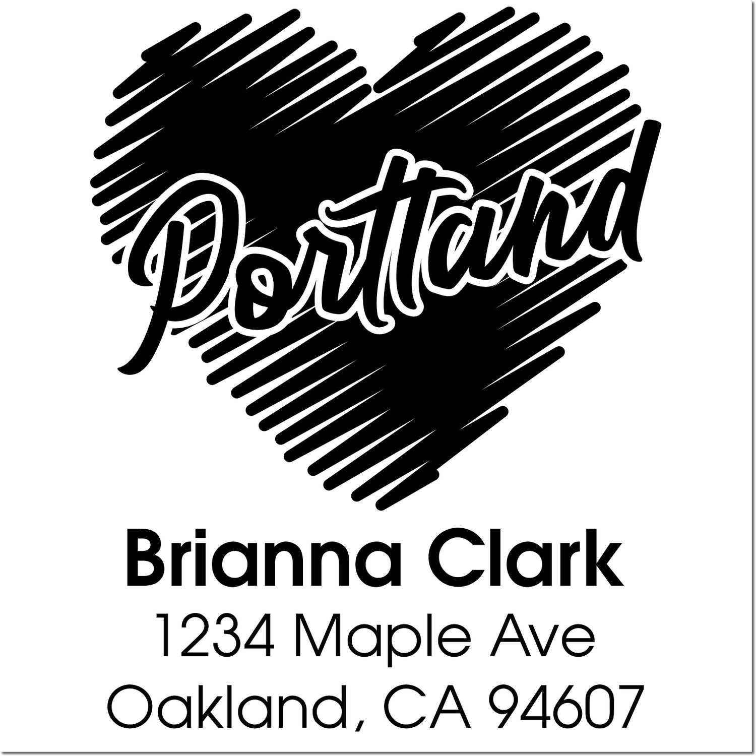 Personalized rubber stamp with heart design and return address for Brianna Clark, Oakland, CA 94607.