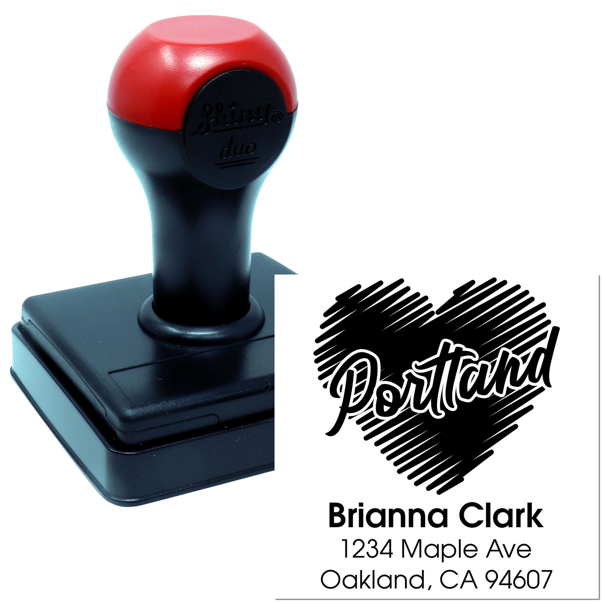 Custom self-inking return address rubber stamp with sample Brianna Clark Portland design and Oakland, CA mailing address.