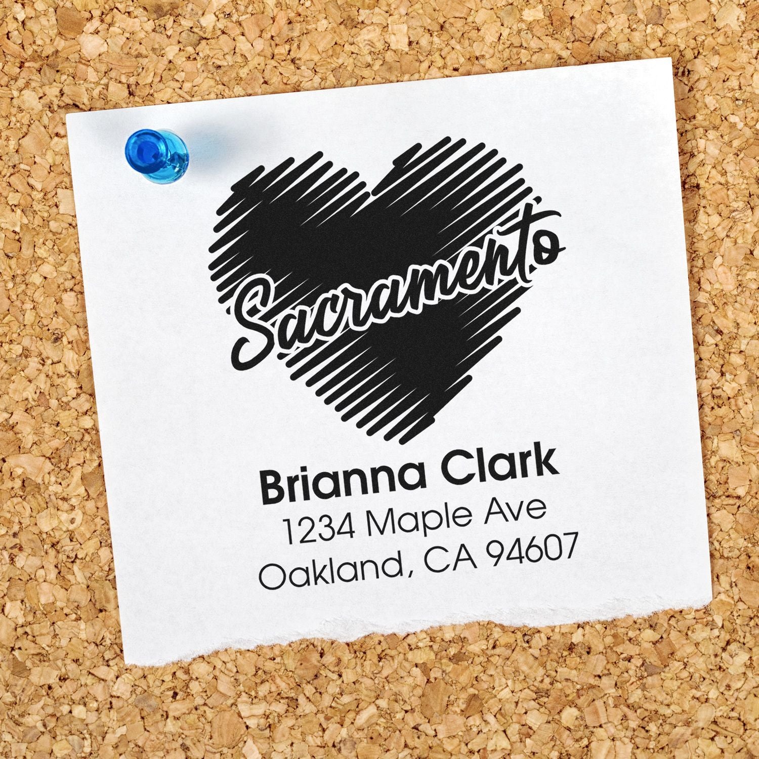Personalized rubber stamp with heart design and Sacramento return address for Brianna Clark, custom address stamp sample