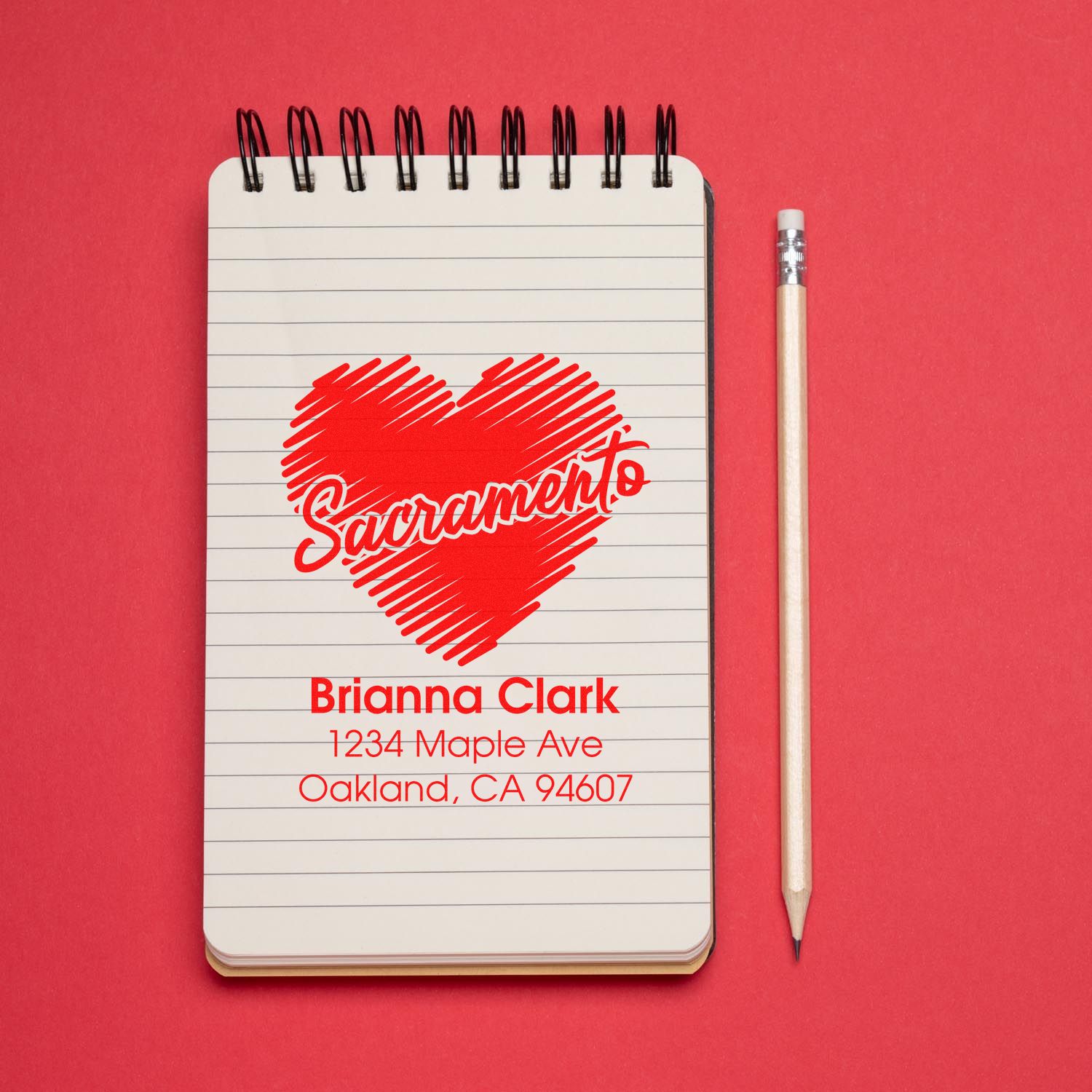 Custom return address stamp with Sacramento heart design for personalized stationery, cards, and mailing labels.