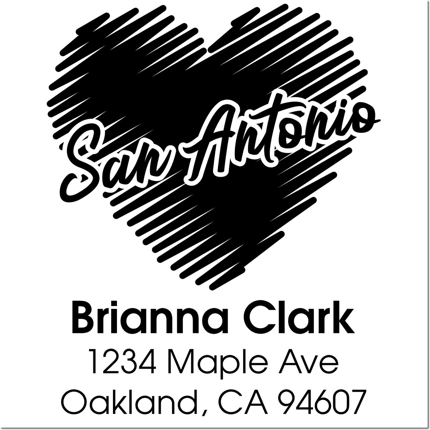 Custom heart-shaped return address rubber stamp for Brianna Clark, 1234 Maple Ave, Oakland, CA 94607, with San Antonio text.