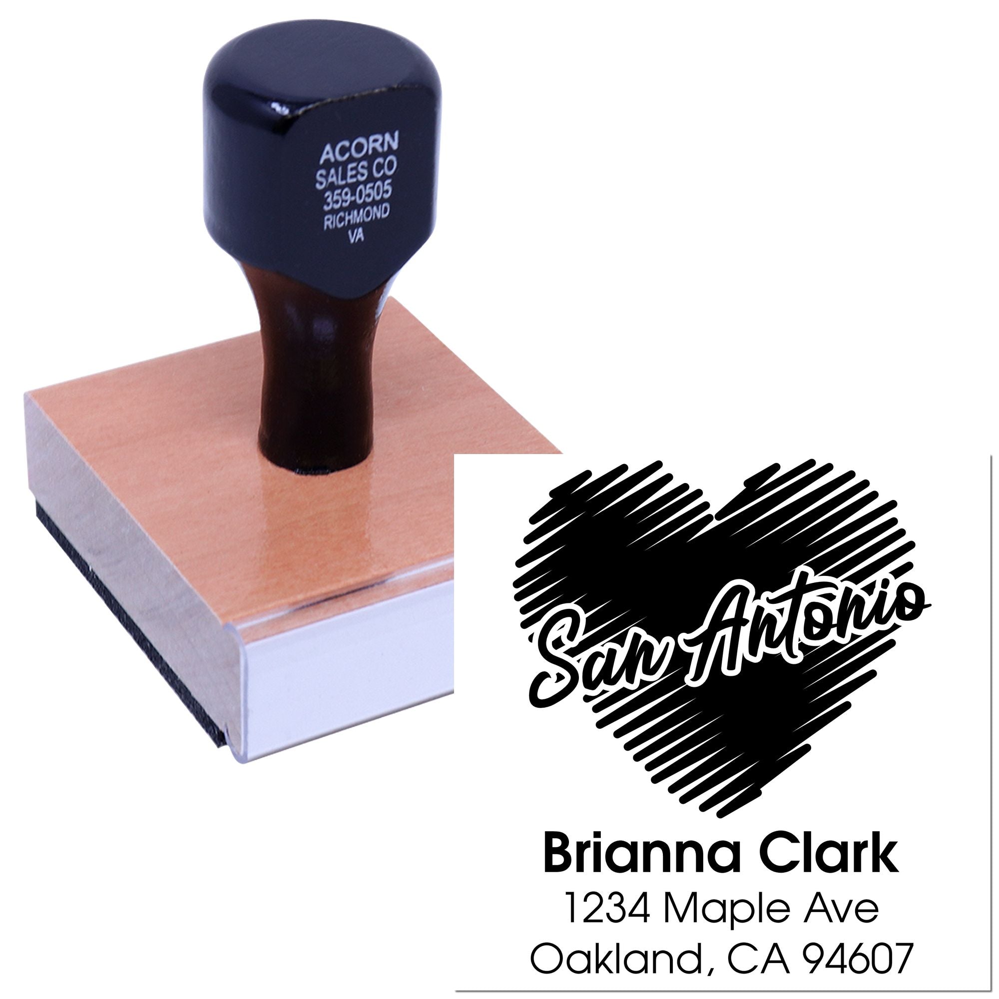 Custom rubber address stamp for personalized business mailing, featuring name, address, and logo imprint.