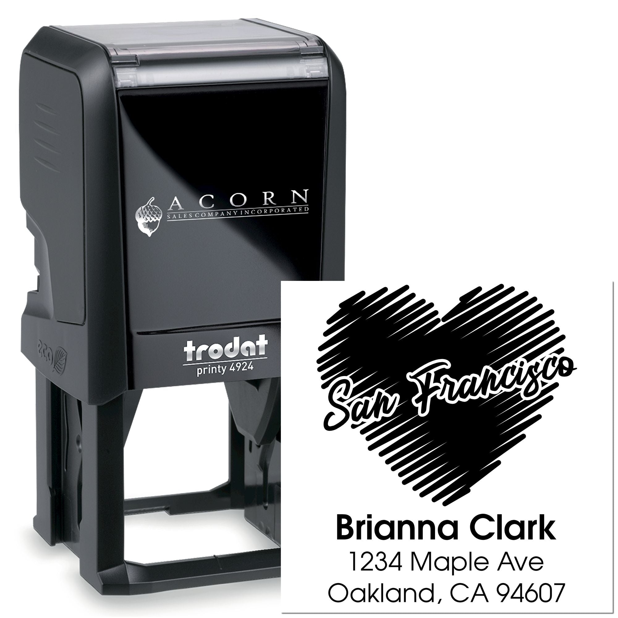 Custom self-inking rubber stamp with San Francisco heart design, name and address imprint for personalized business mail.