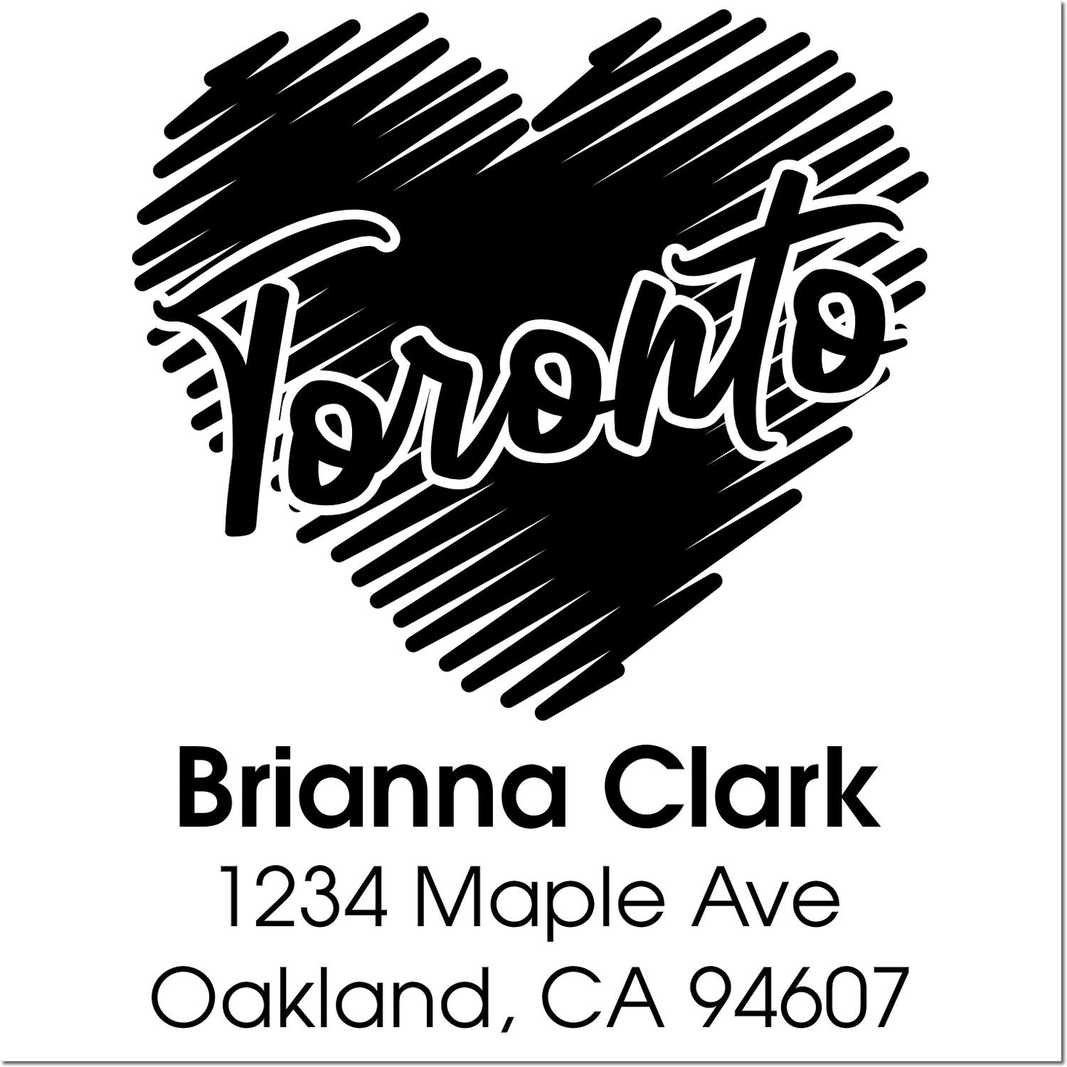 Custom address rubber stamp with heart design for Brianna Clark, 1234 Maple Ave, Oakland, CA 94607