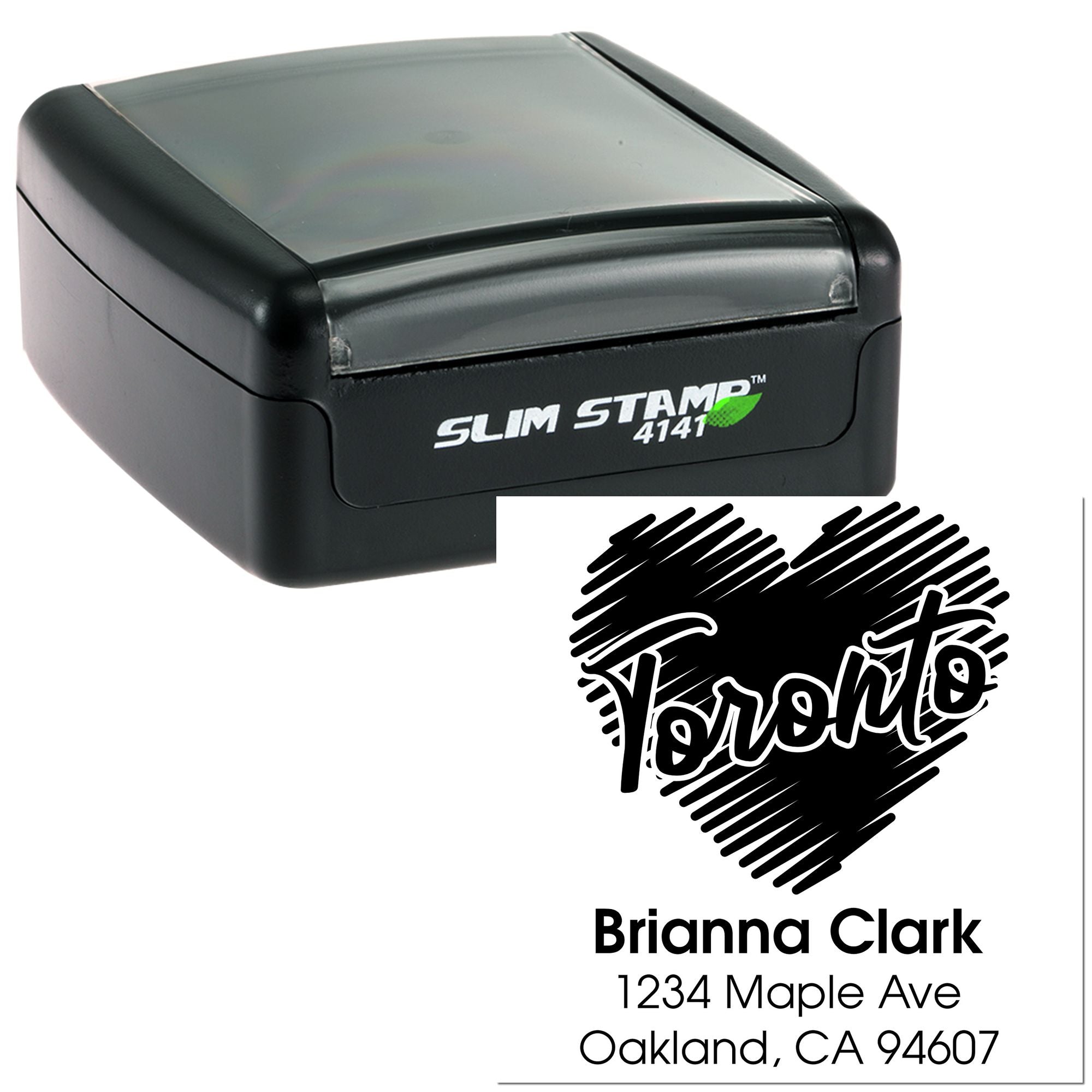 Slim self-inking custom address rubber stamp with personalized Brianna Clark return address and heart design imprint.