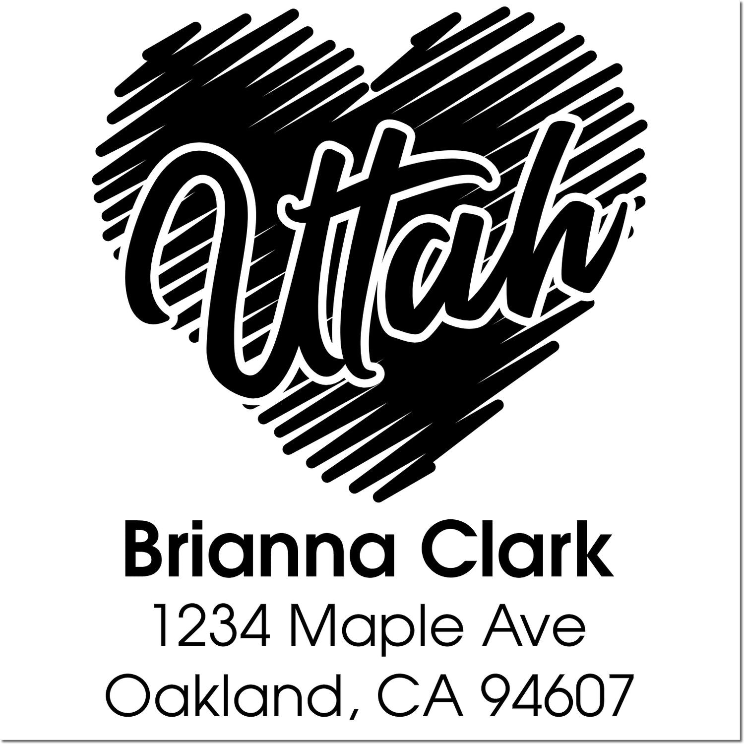Personalized rubber address stamp with heart design for Brianna Clark, 1234 Maple Ave, Oakland, CA 94607