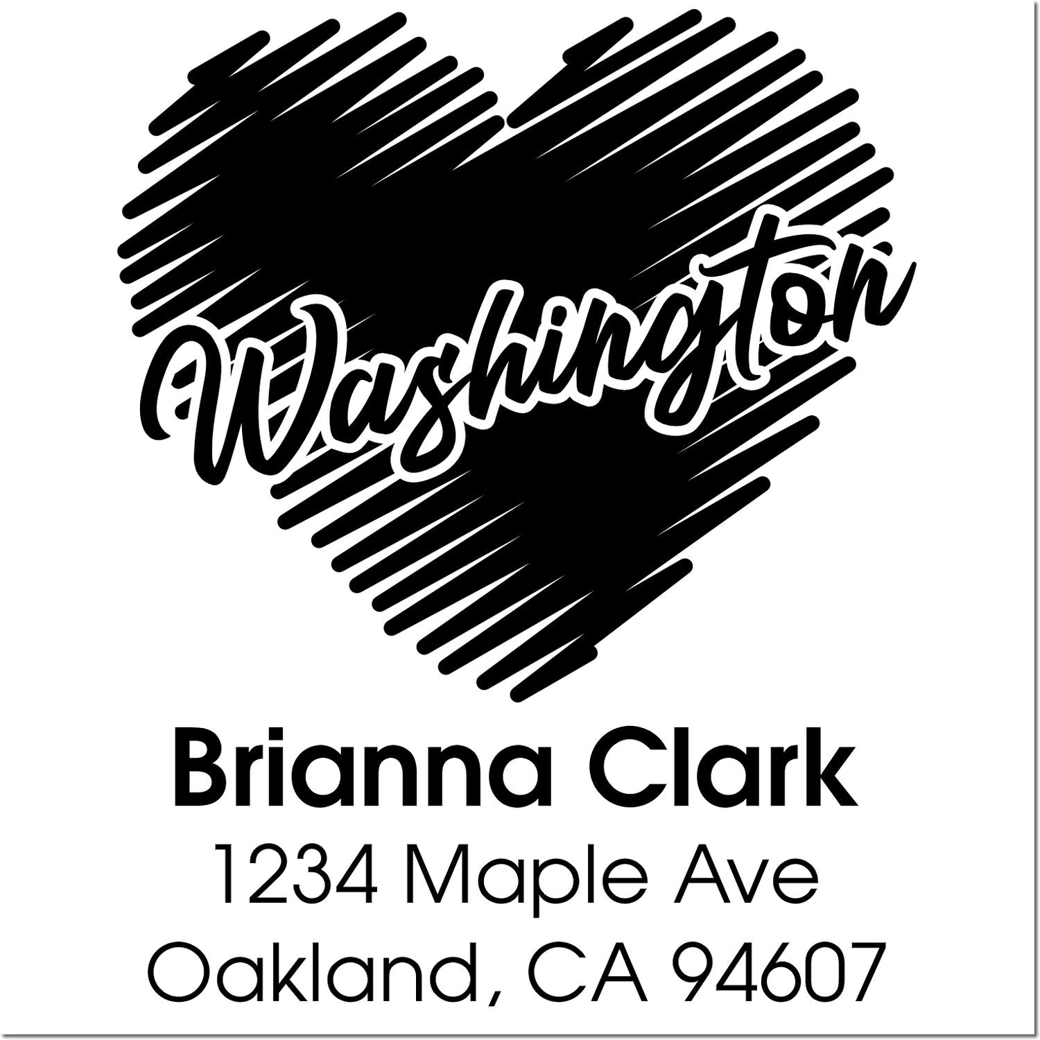 Custom address rubber stamp with heart graphic, Washington name, and Brianna Clark, 1234 Maple Ave, Oakland, CA 94607.