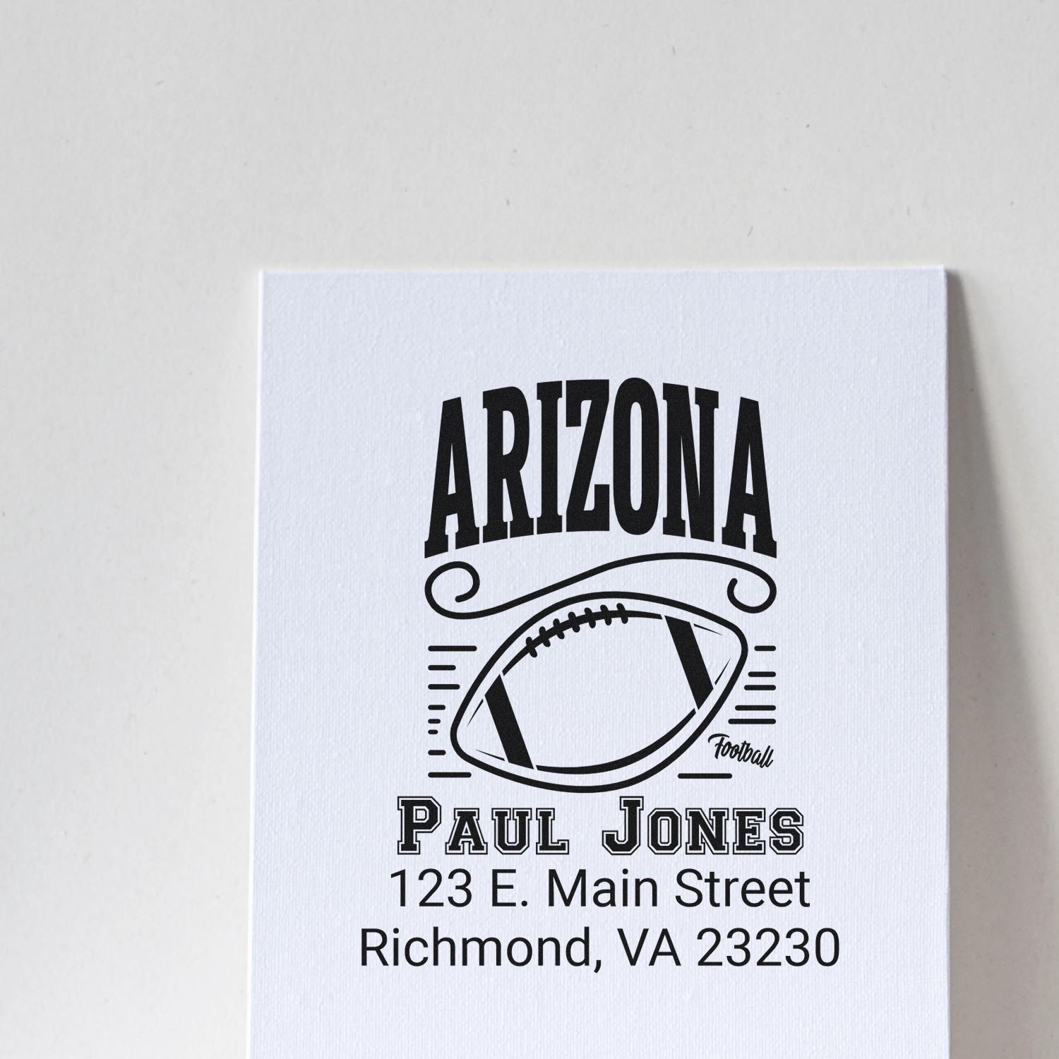 Custom Arizona football rubber stamp with Paul Jones name and Richmond, VA return address.